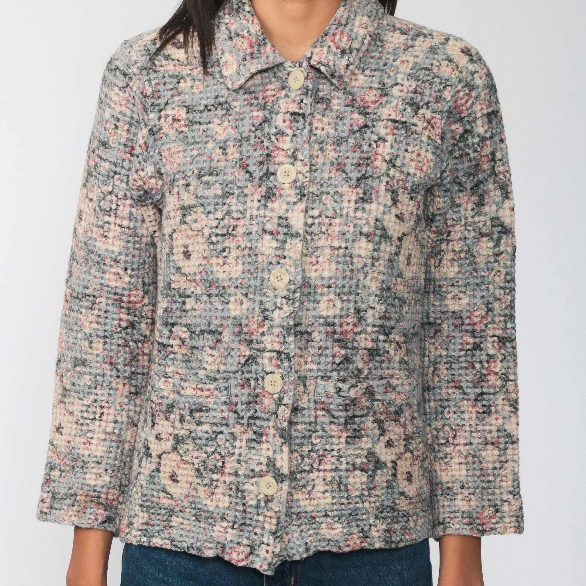 90s Waffle Knit Floral Button-Up Shirt Long Sleeve Cotton Blend Small