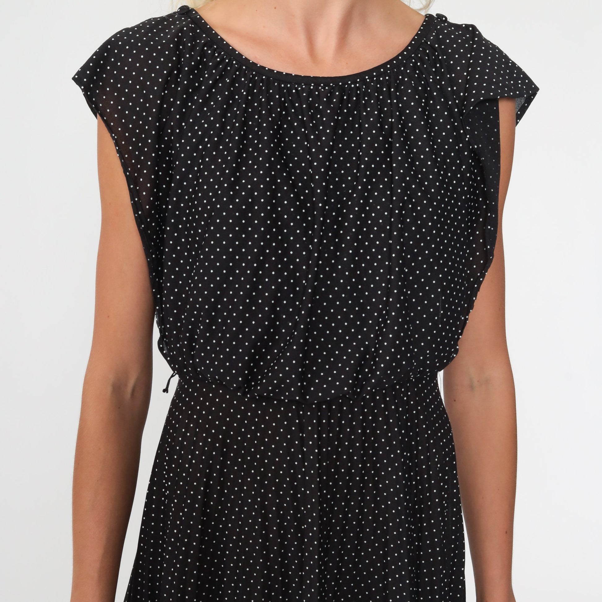 70s Black Polka Dot Mini Dress Flutter Sleeve High Waist Extra Small