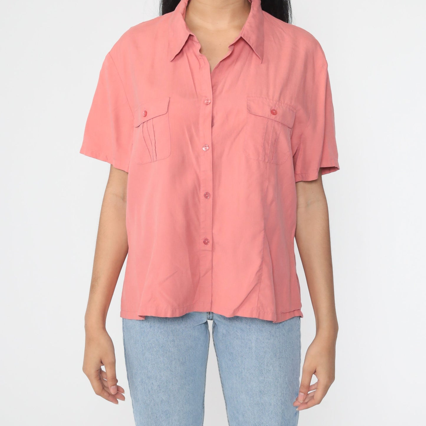 90s Pink Silk Button-Up Shirt Short Sleeve Blouse Large