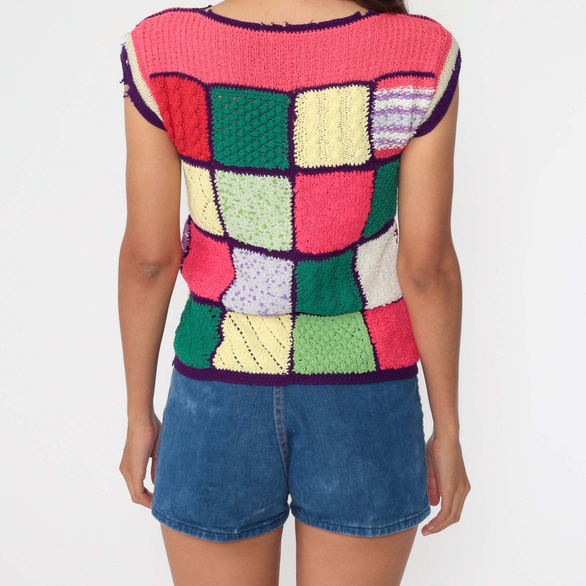 70s Patchwork Knit Top Rainbow Boatneck Short Sleeve Pink Purple Extra Small