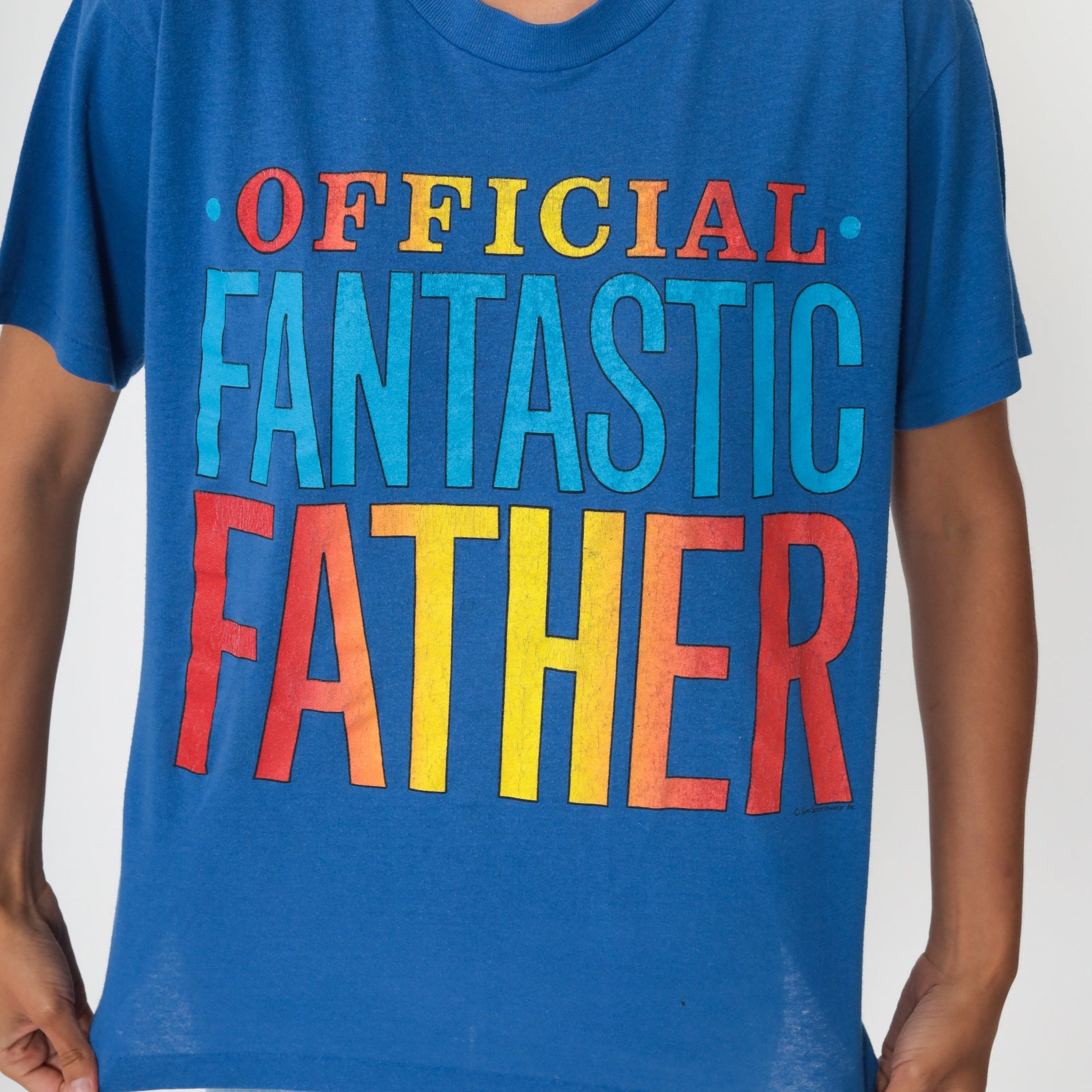 80s Official Fantastic Father Graphic T-Shirt Blue Single Stitch Small