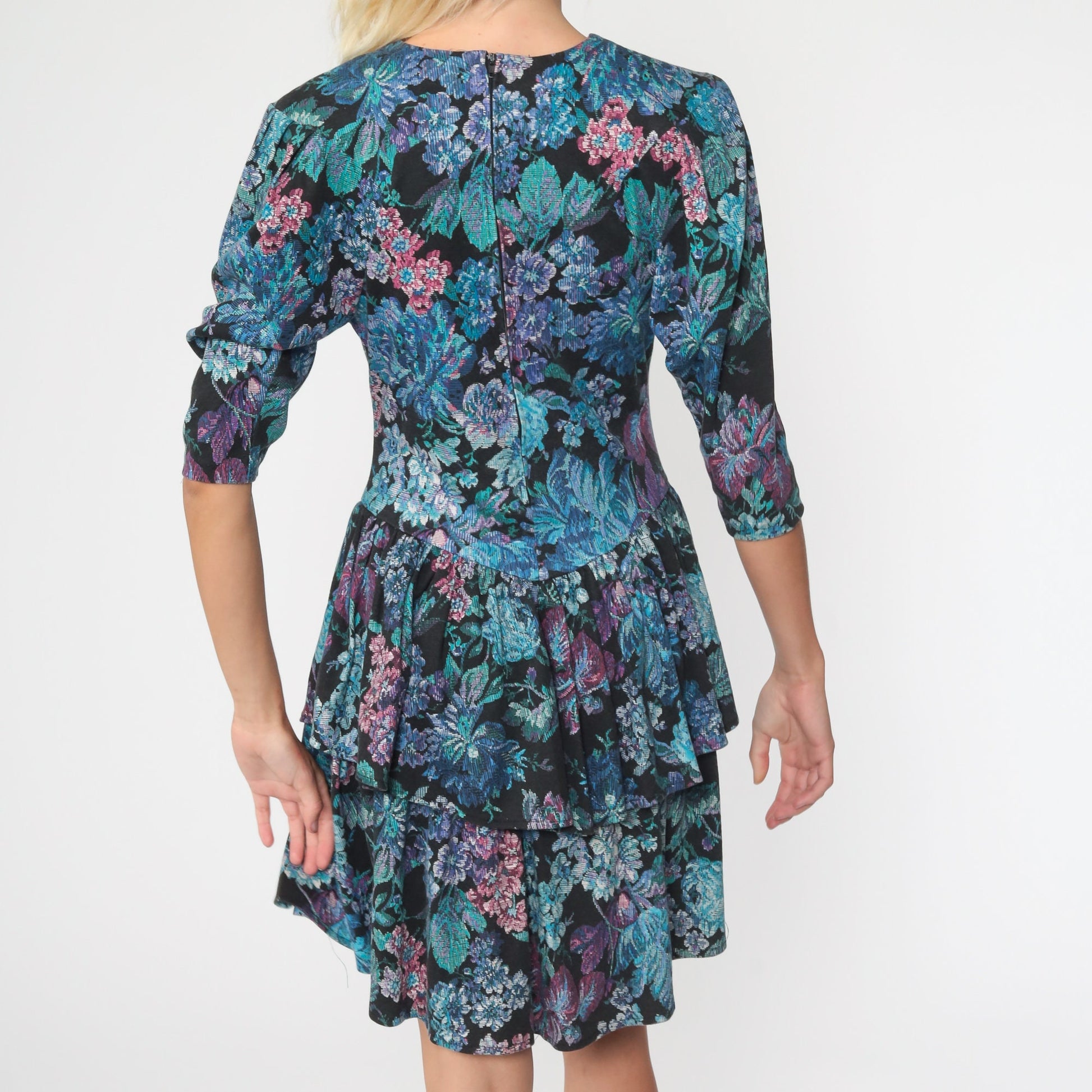 80s Tapestry Floral Mini Dress Puff Sleeve Drop Waist Black Blue Extra Small