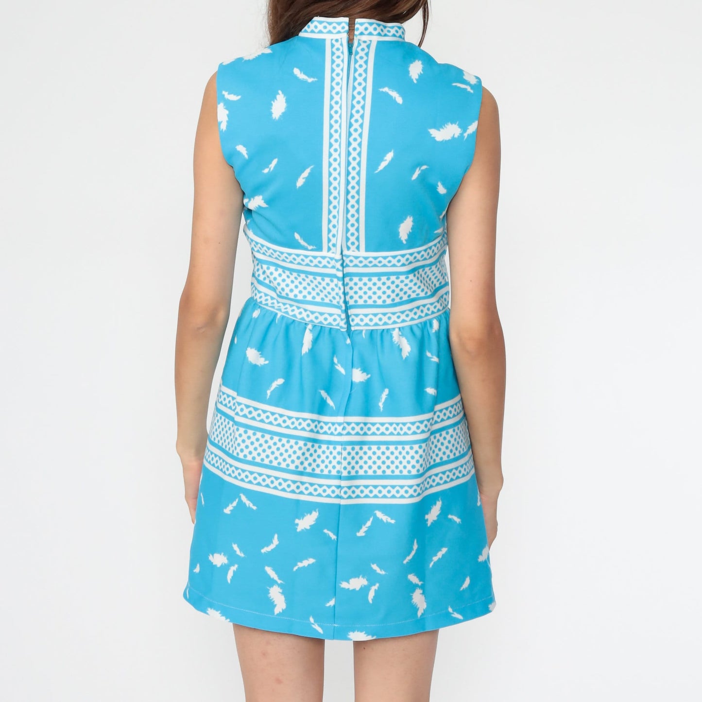 1970s Feather Print Babydoll Dress Empire Waist Mini Blue Sleeveless Small