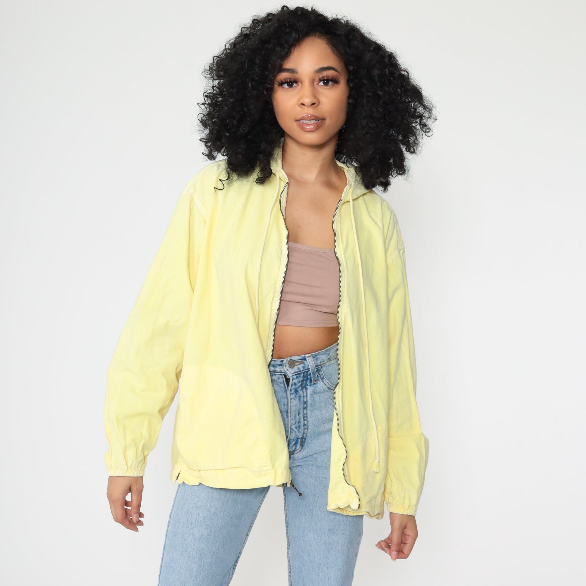 80s Yellow Cotton Hooded Jacket Windbreaker Medium