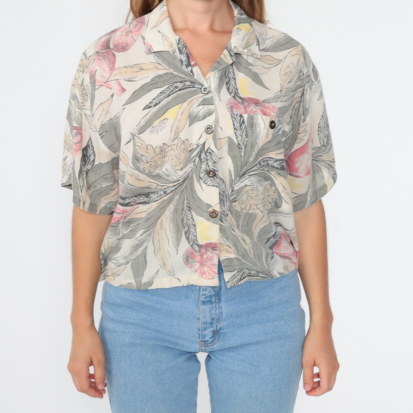 90s Tropical Fruit Print Hawaiian Button-Up Shirt Medium