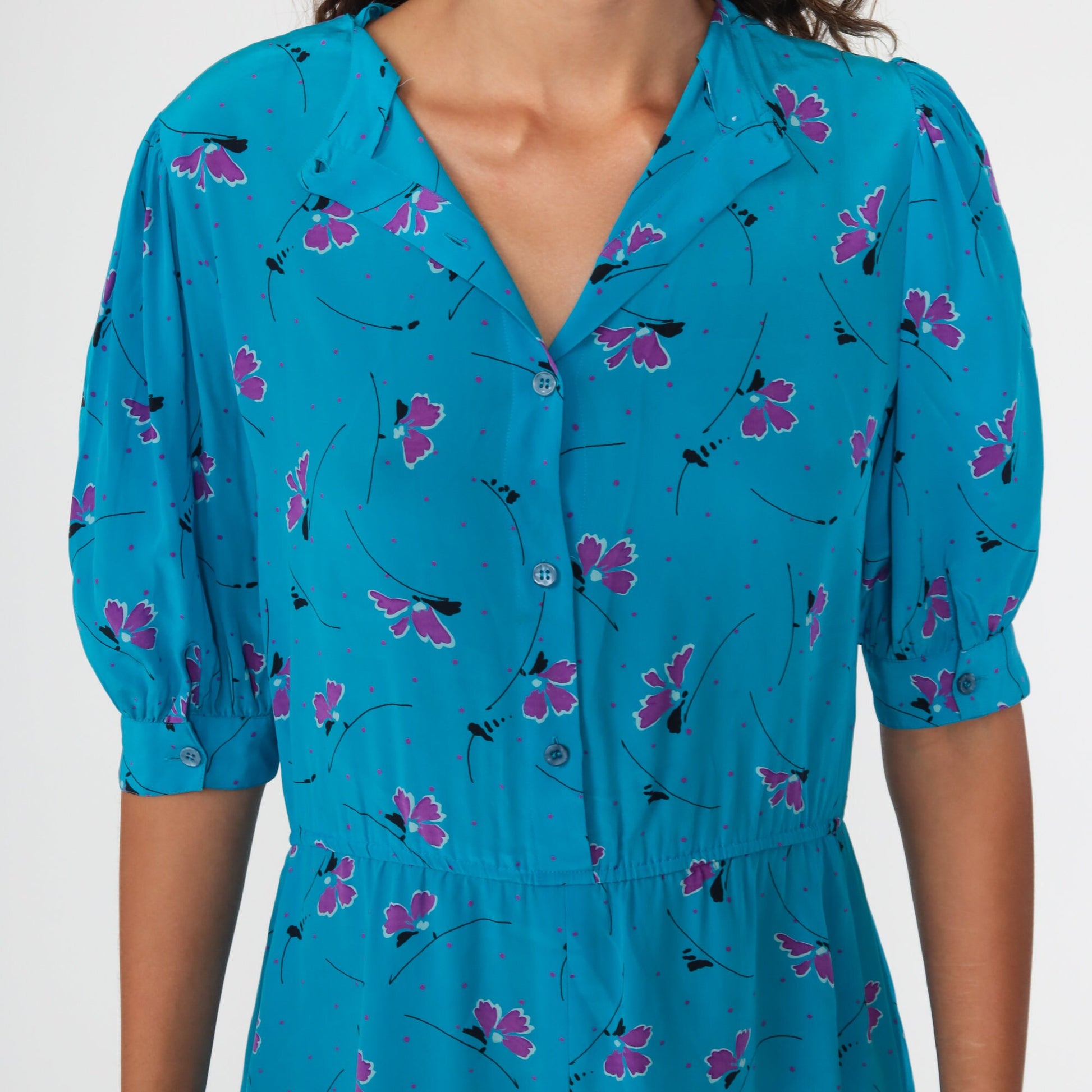 80s Blue Floral Puff Sleeve Mini Dress Button-Up Shirtwaist Small Medium