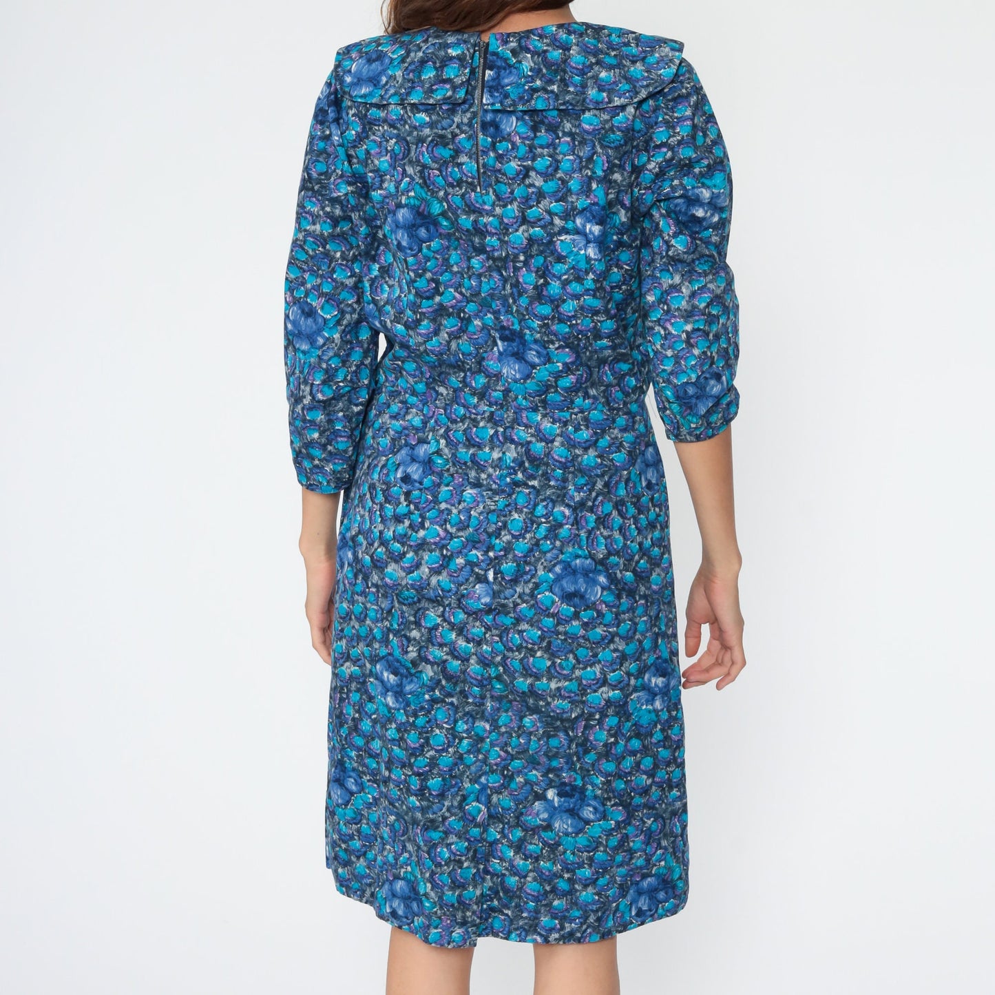 1960s Blue Floral Midi Dress 3/4 Sleeve High Waist Sheath Medium 8