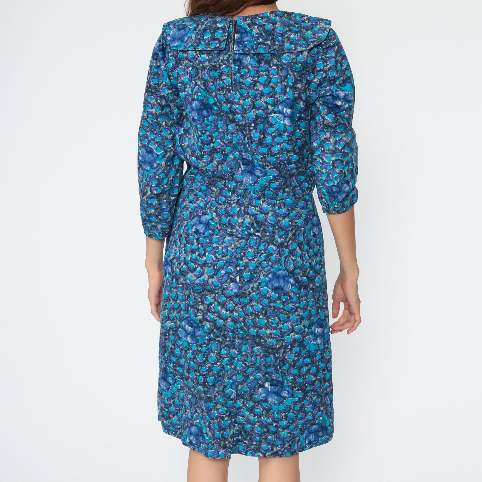 1960s Blue Floral Midi Dress 3/4 Sleeve High Waist Sheath Medium 8