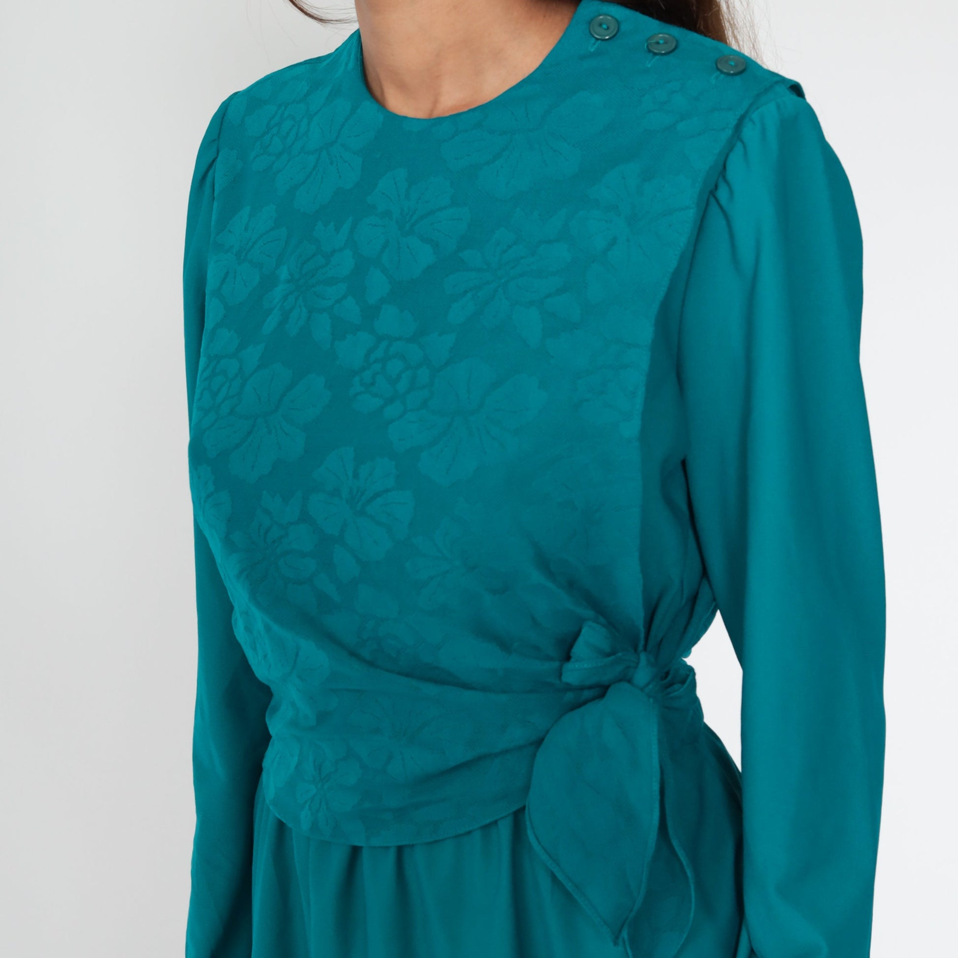 80s Teal Floral Mini Dress Puff Sleeve Fit and Flare Small Medium