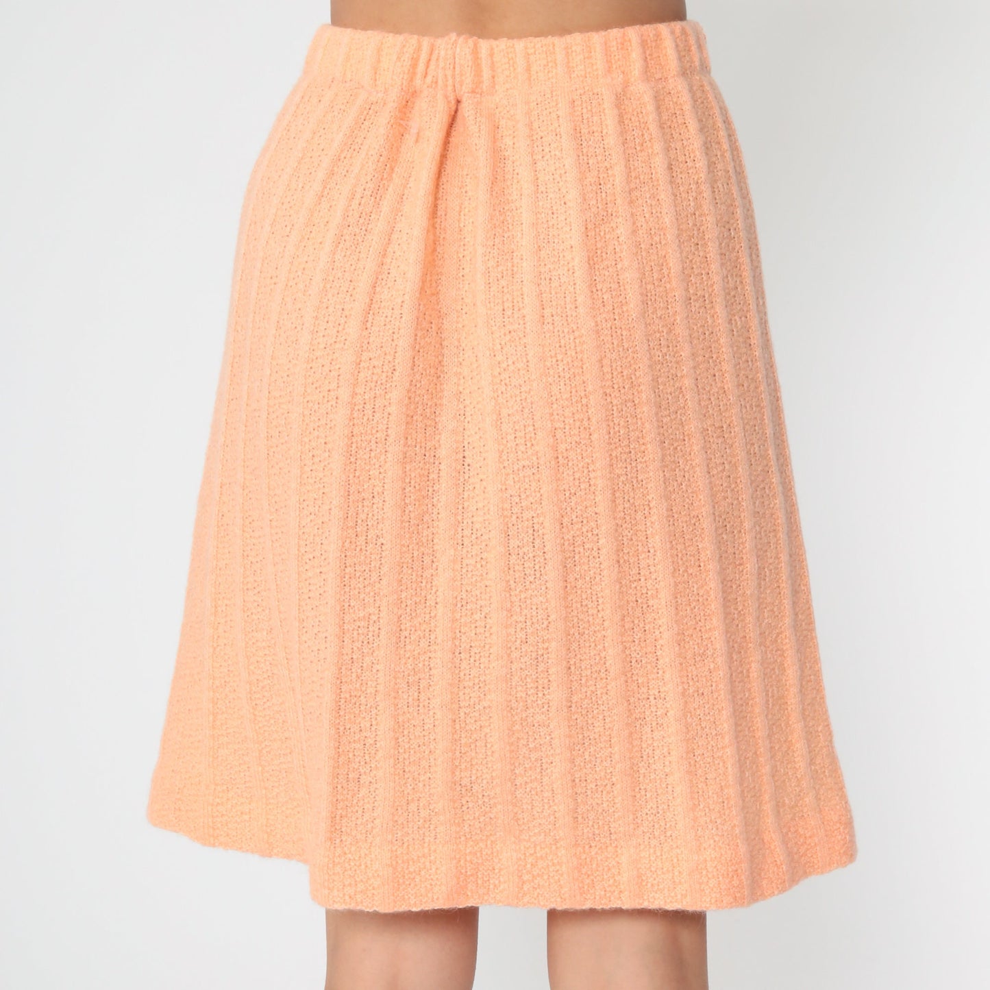 70s Peach Ribbed Knit Mini Skirt High Waist A-Line Small