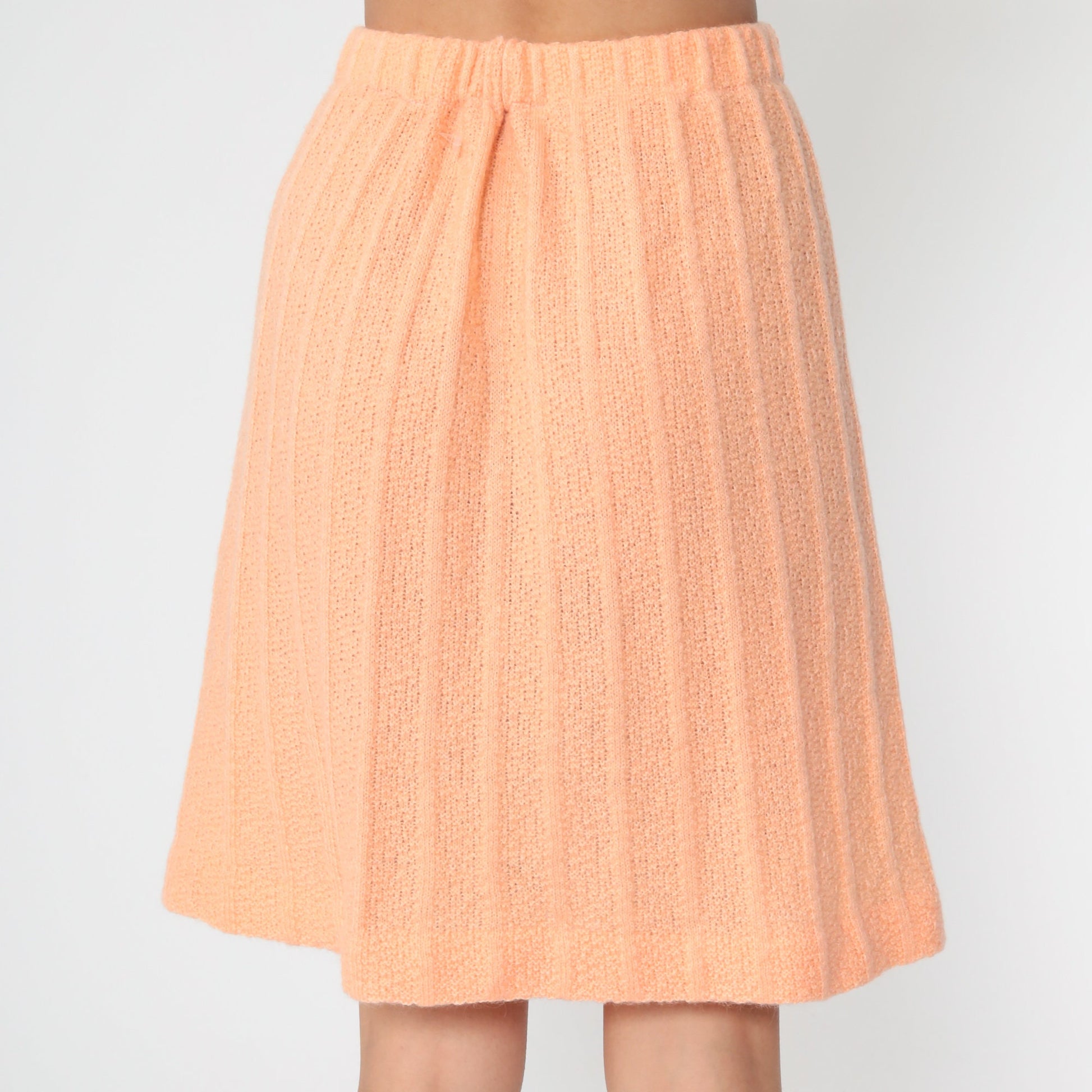 70s Peach Ribbed Knit Mini Skirt High Waist A-Line Small