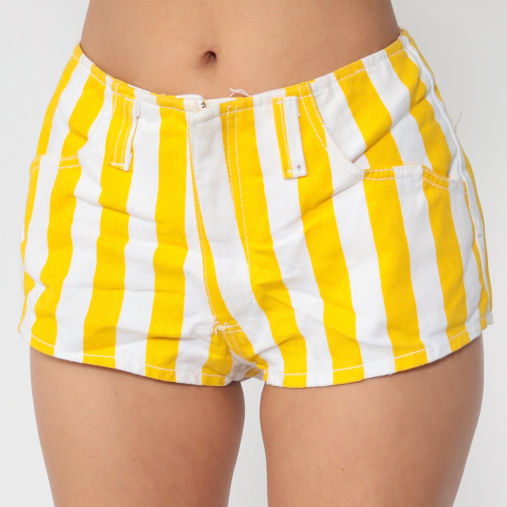 80s Striped Yellow Denim Shorts Mid Rise Jean Hotpants Small