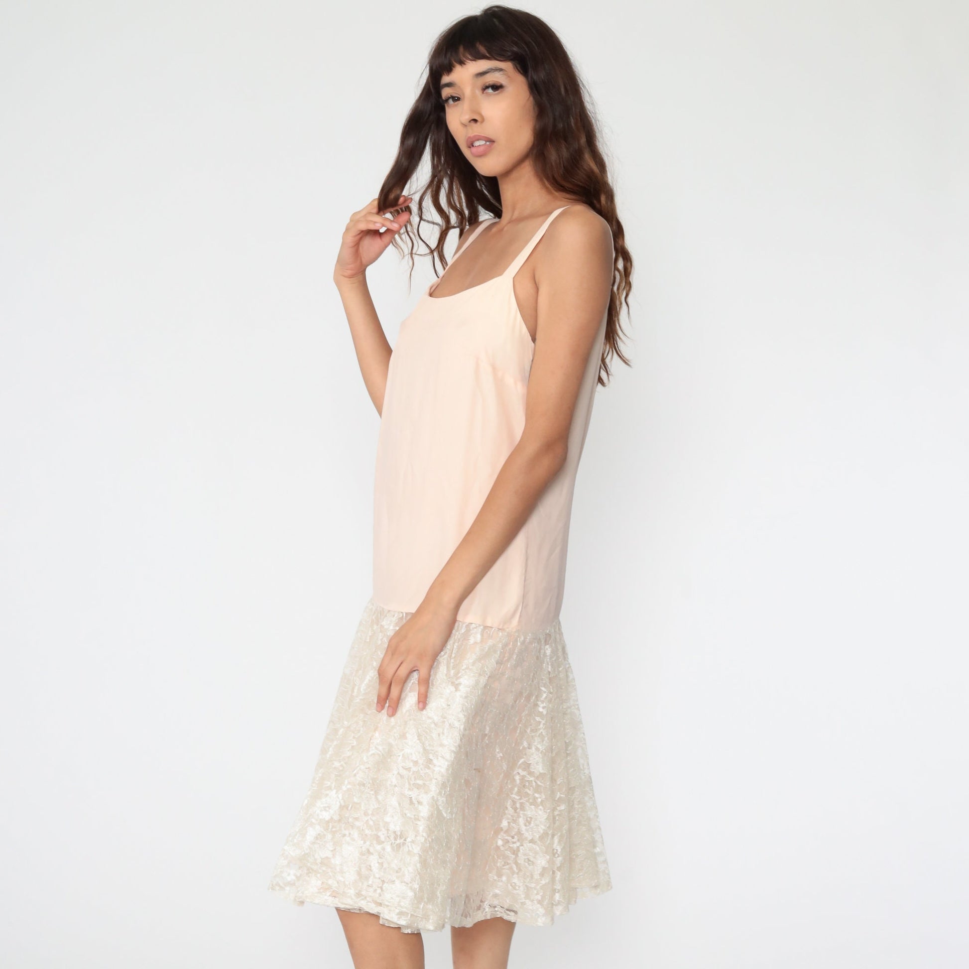 80s Peach Lace Drop Waist Midi Slip Dress Sleeveless Party Medium 8