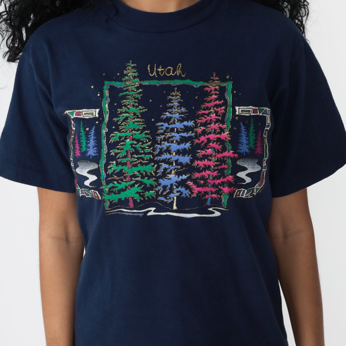80s Utah Tree Graphic Tee Single Stitch Gold Glitter Navy Small