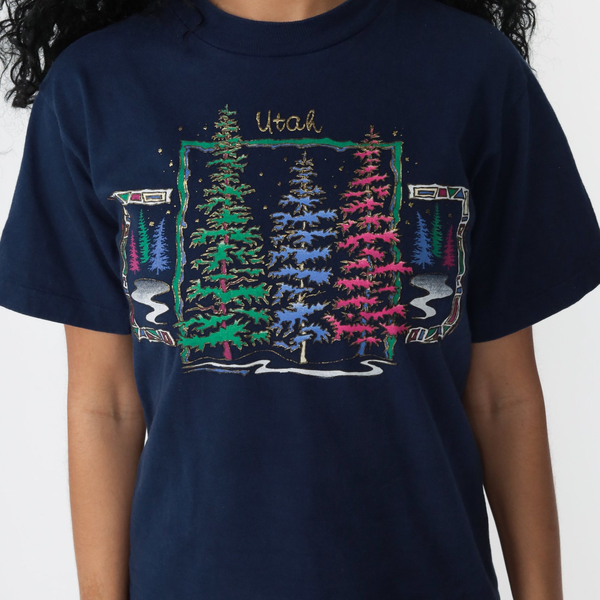 80s Utah Tree Graphic Tee Single Stitch Gold Glitter Navy Small