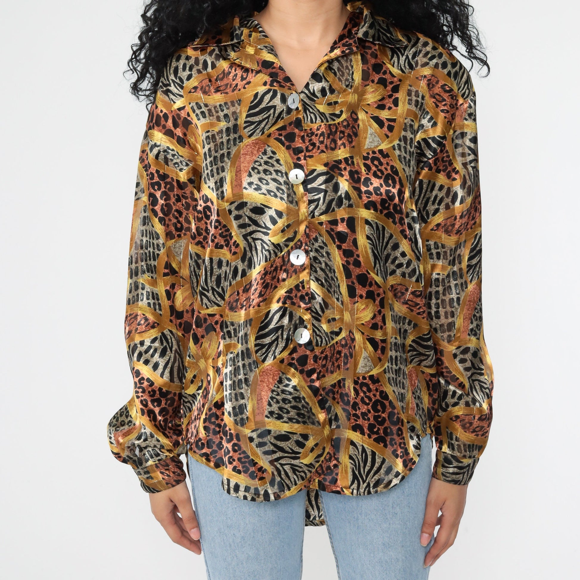 Leopard Print Blouse Gold Stripes Long Sleeve Button Up Medium