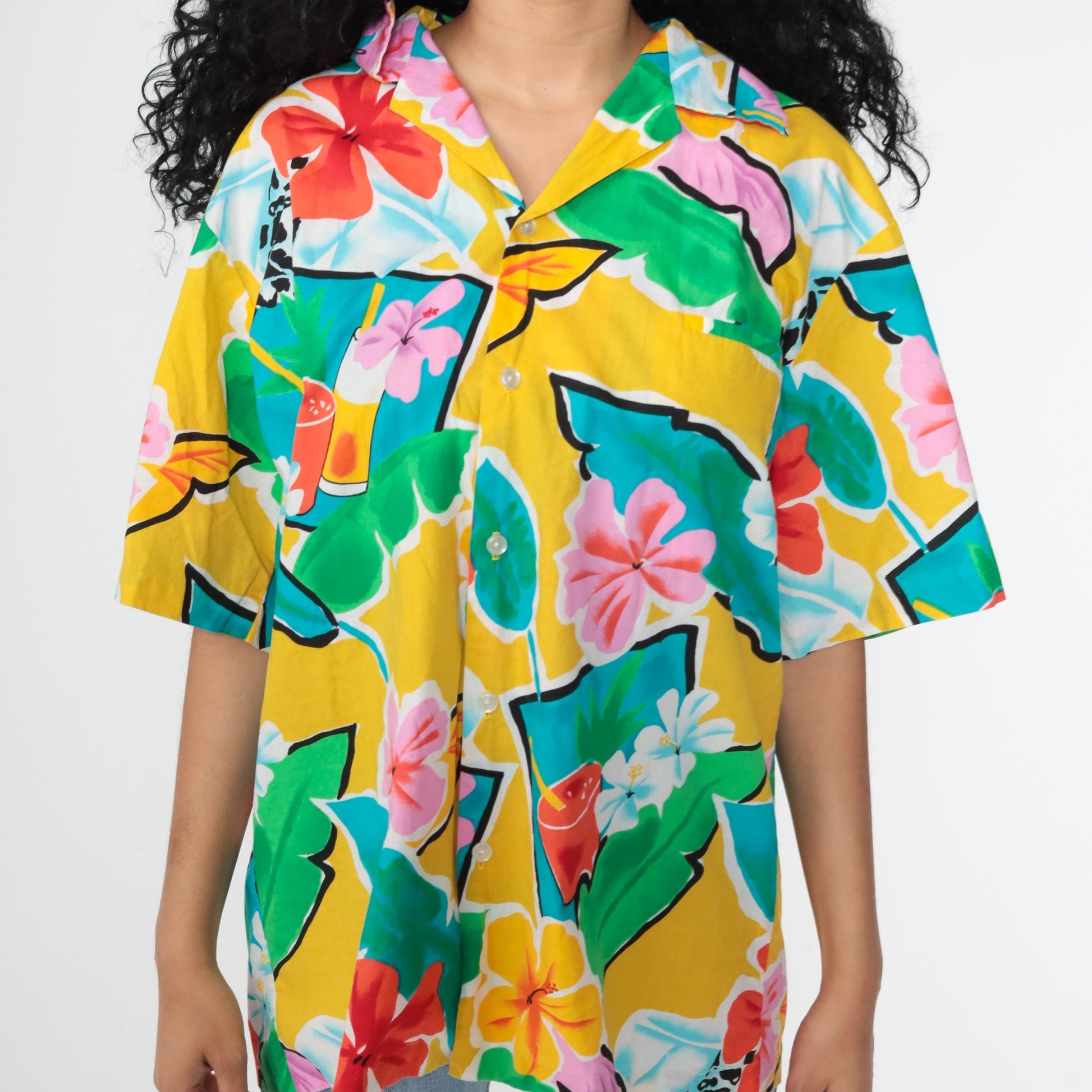 80s Hilo Hattie Hawaiian Shirt Tropical Floral Cocktail Print Button Up Extra Large
