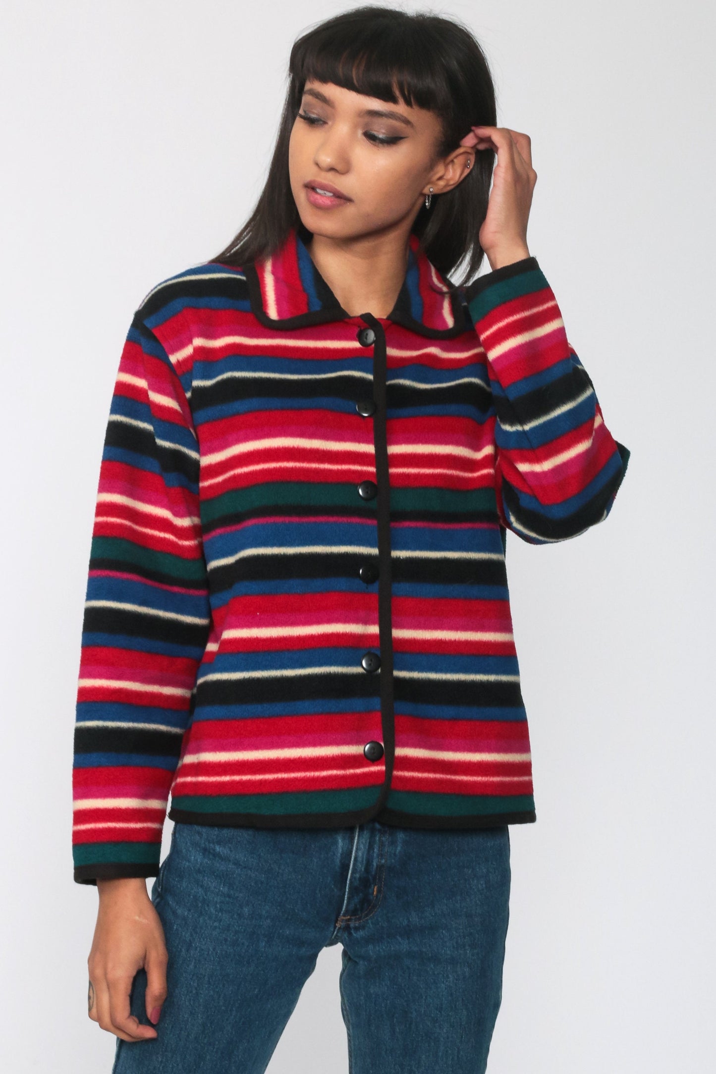 90s Striped Fleece Button-Up Jacket Red Blue Cropped Medium M