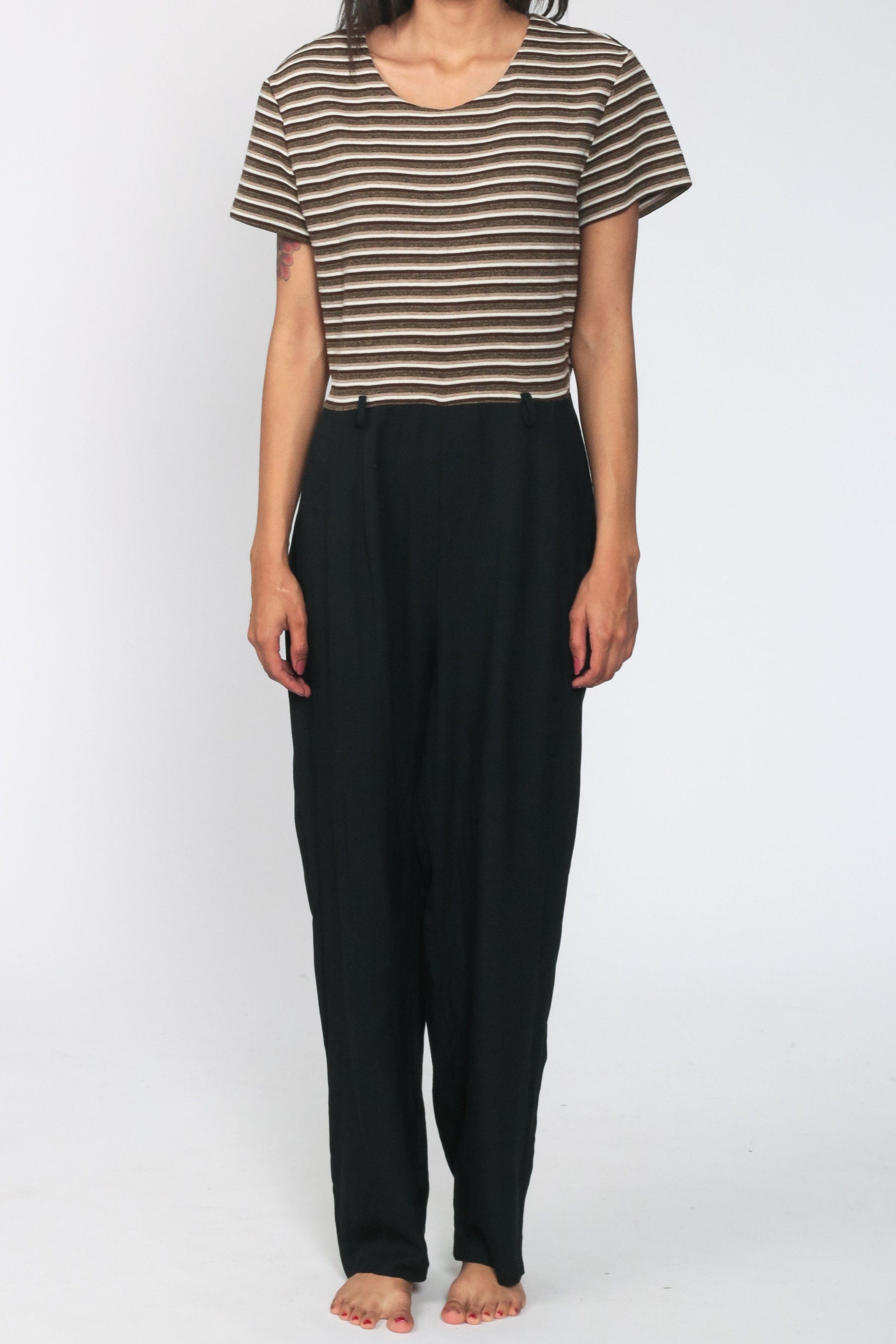 80s Striped Jumpsuit Black Tapered Legs Short Sleeve Medium Large