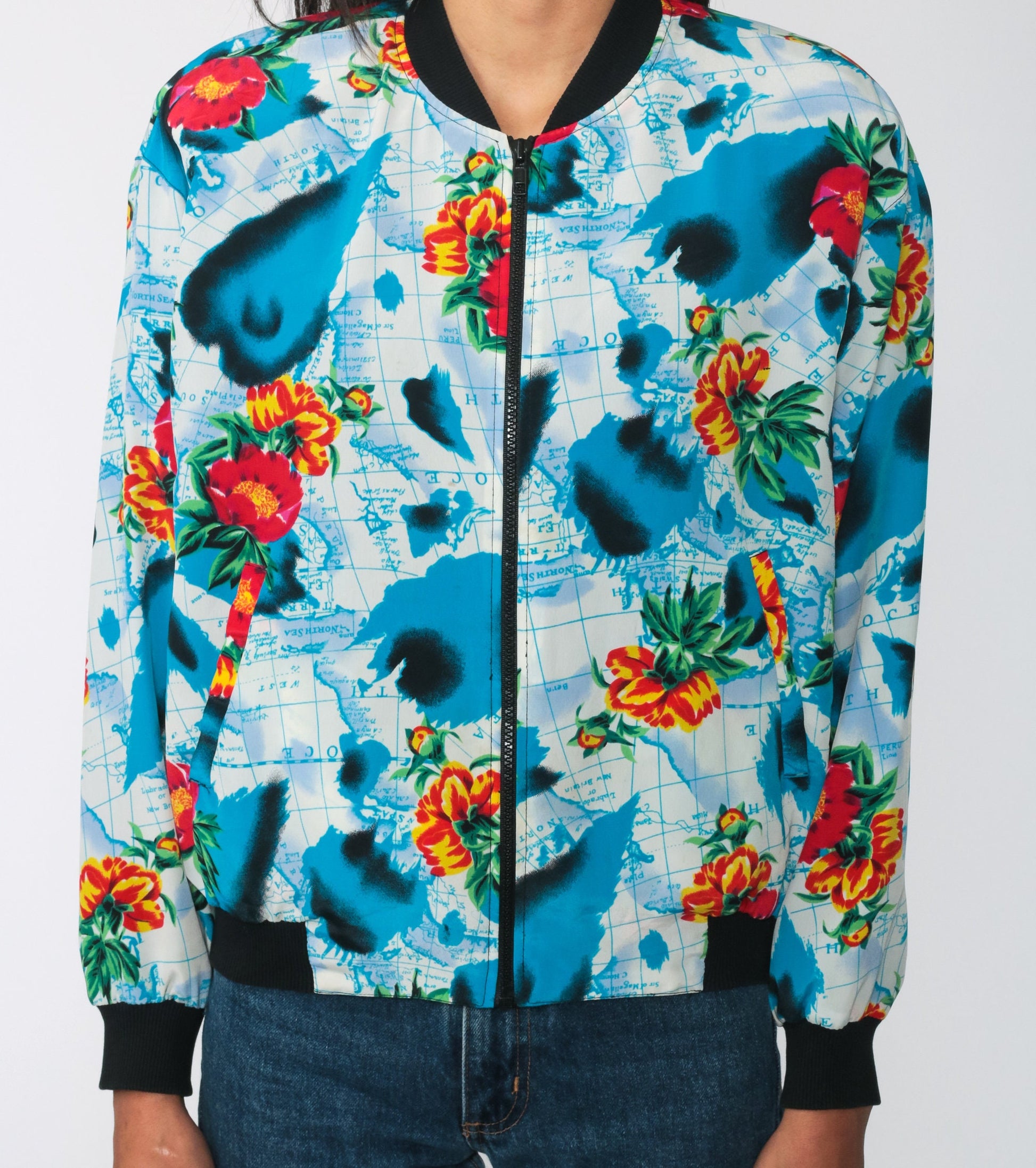 80s World Map Floral Windbreaker Jacket Blue Zip Bomber Small Medium