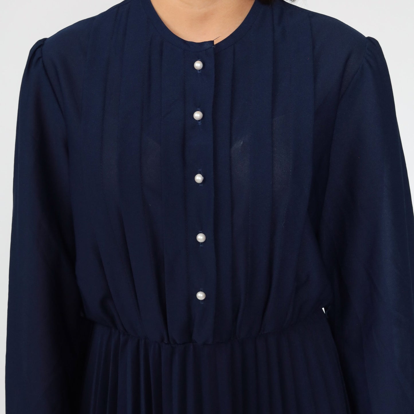 80s Navy Puff Sleeve Midi Dress High Waist Pleated Elastic Waist Medium