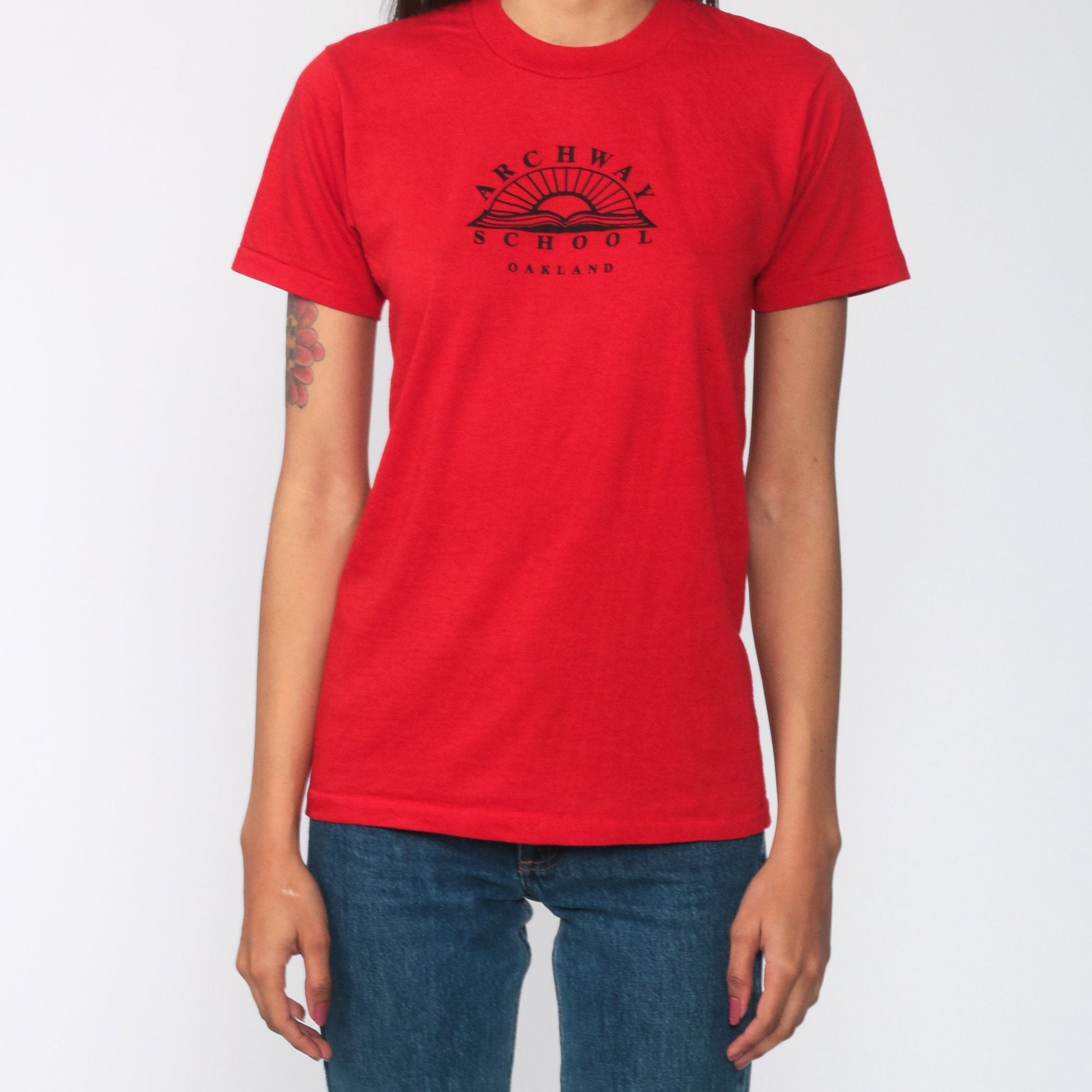 80s Archway School Oakland Graphic Tee Red Single Stitch Extra Small