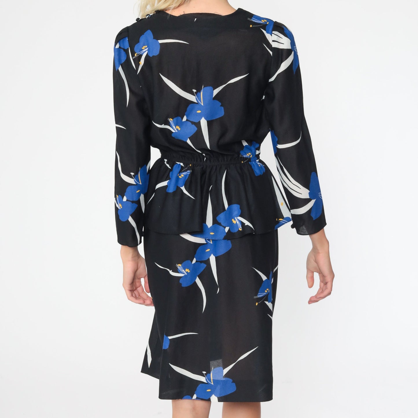 70s Black Floral Midi Dress High Waist Long Sleeve Semi-Sheer Small Medium