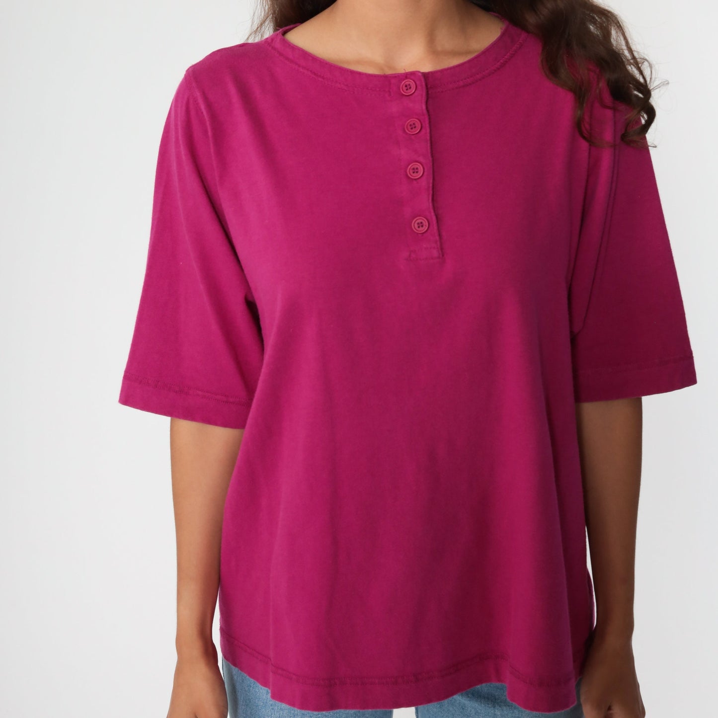 80s Deep Pink Half-Button Polo Shirt Cotton Blend Short Sleeve Large