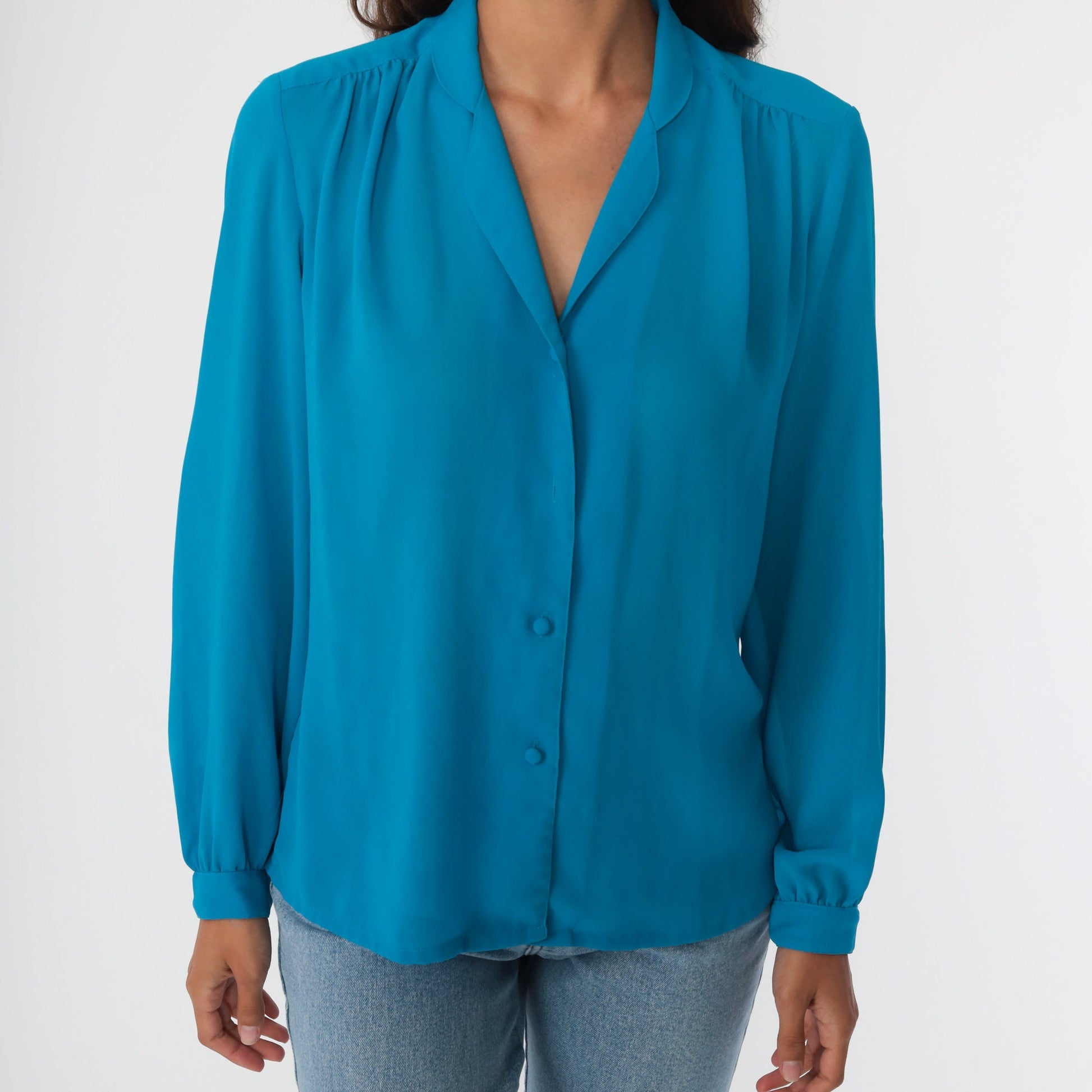80s Blue Button-Up Blouse Collared Long Sleeve Shirt Medium