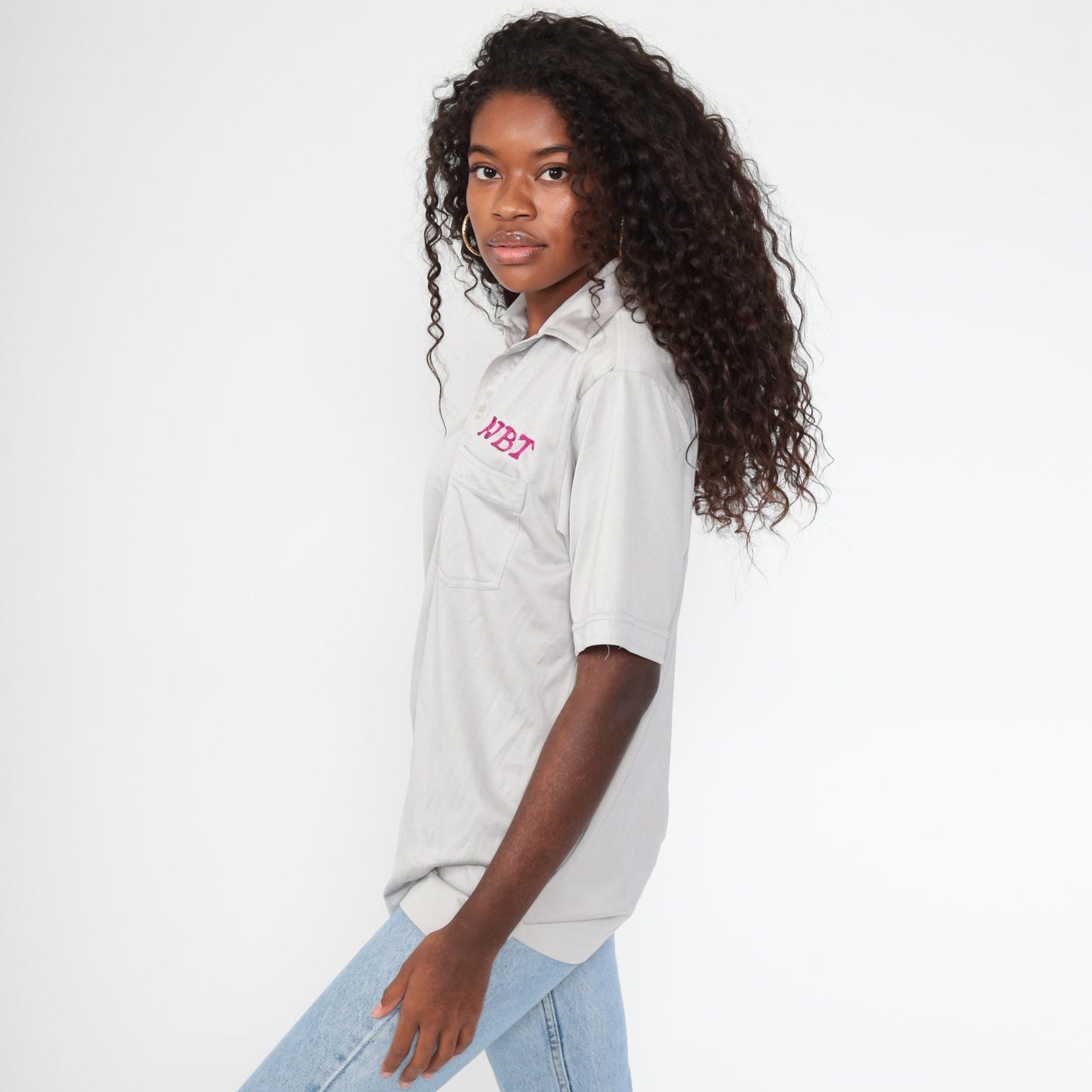 70s Eric Jones Embroidered Uniform Bowling Shirt Grey Small