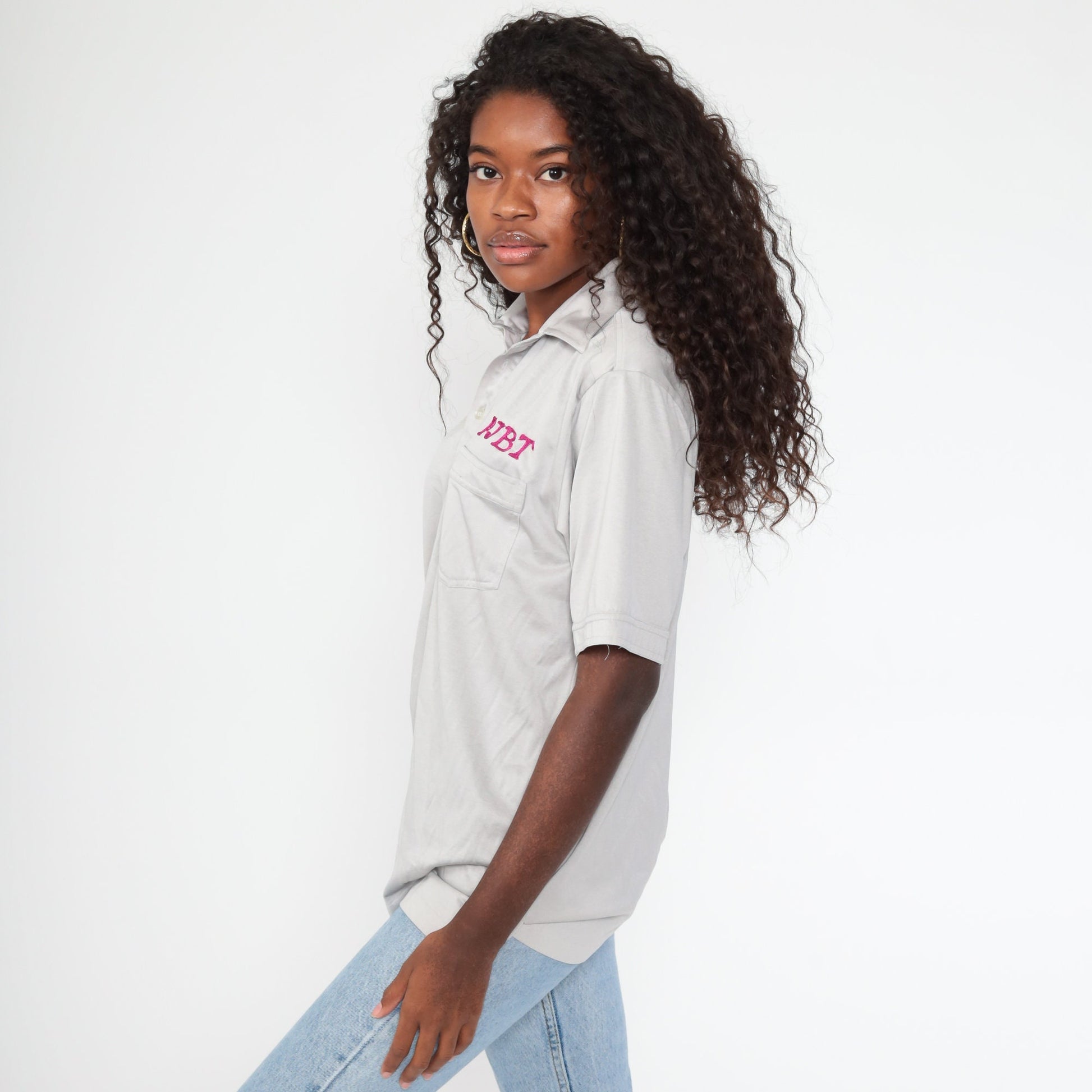 70s Eric Jones Embroidered Uniform Bowling Shirt Grey Small