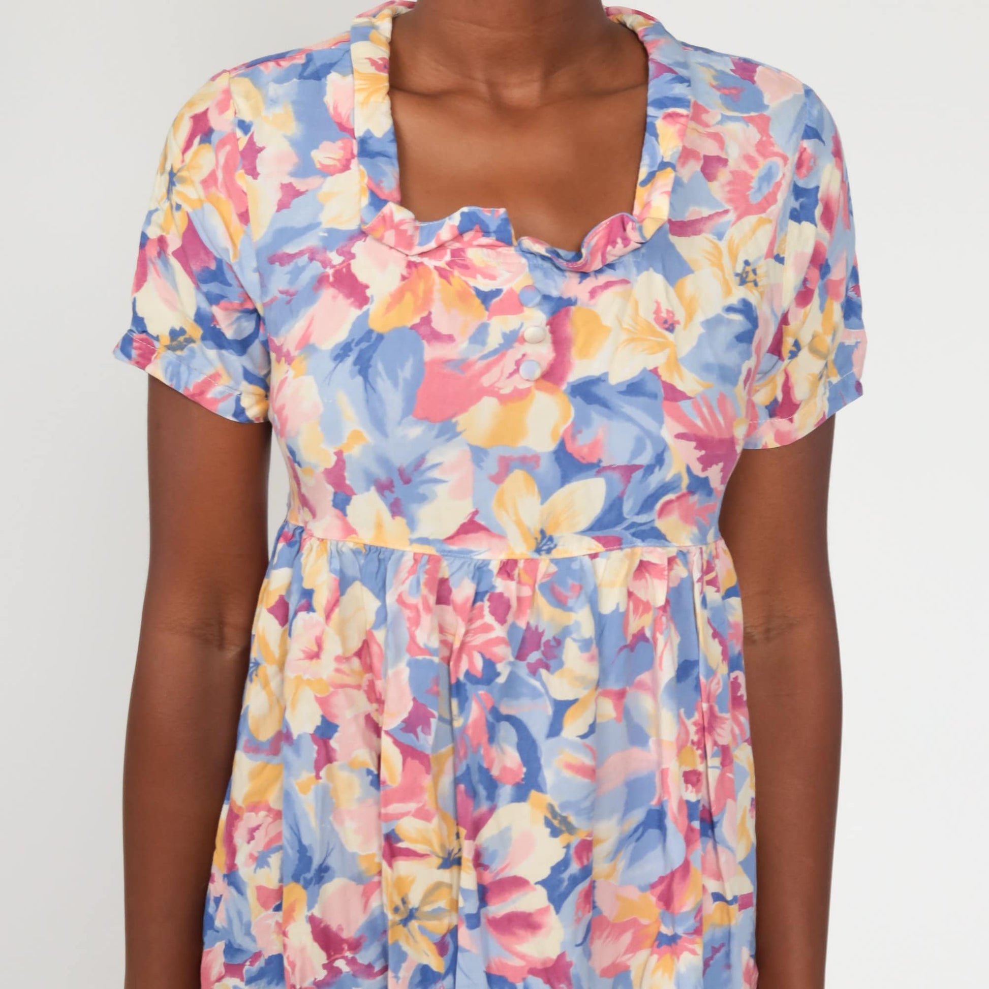 90s Floral Babydoll Dress Mini Empire Waist Short Sleeve Small