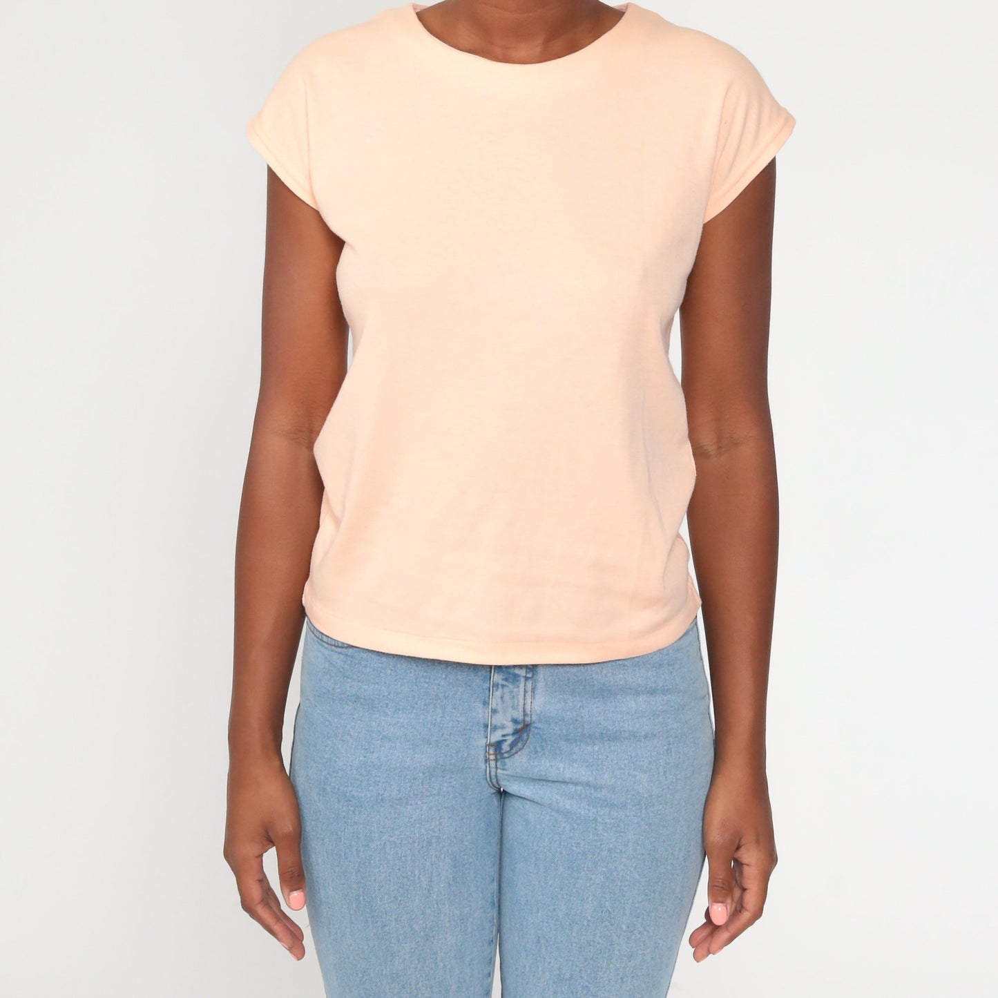 80s Peach Cap Sleeve T-Shirt Plain Cotton Tee Women's Medium