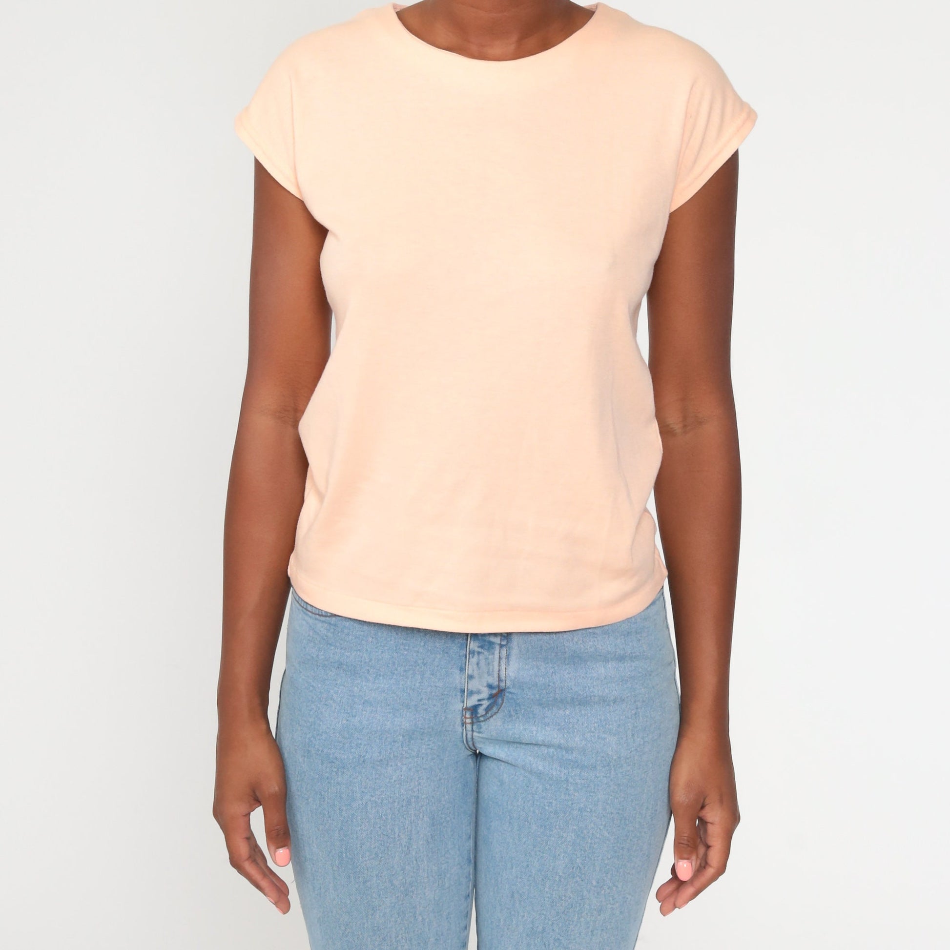 80s Peach Cap Sleeve T-Shirt Plain Cotton Tee Women's Medium