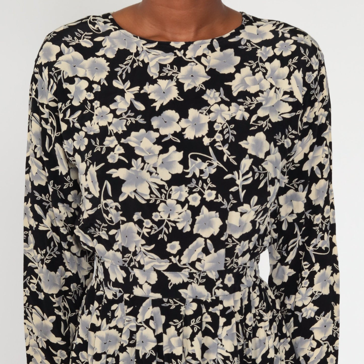80s Black Floral Midi Dress Button Back Long Sleeve High Waisted Extra Small