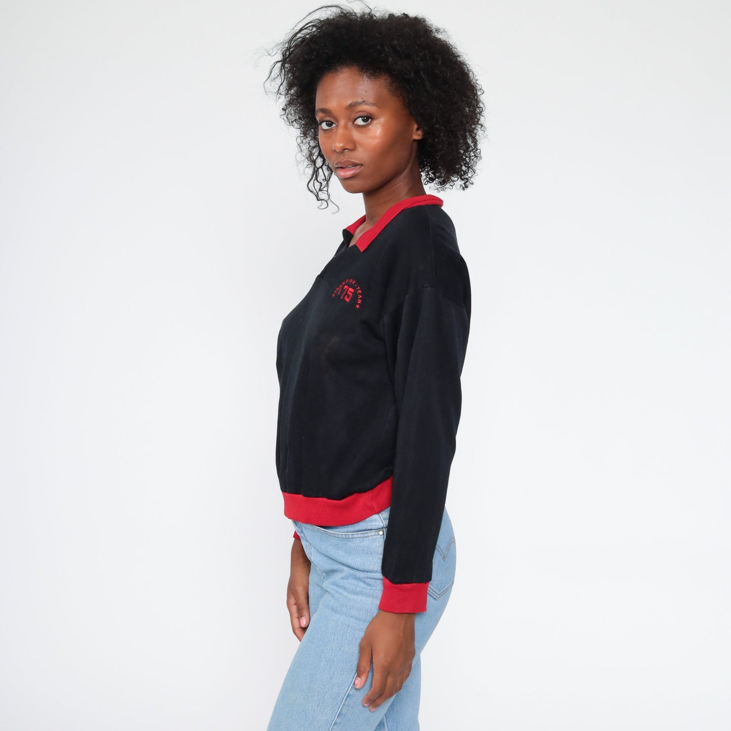 80s Champion Team 75 Black Half-Button Sweatshirt Small Medium