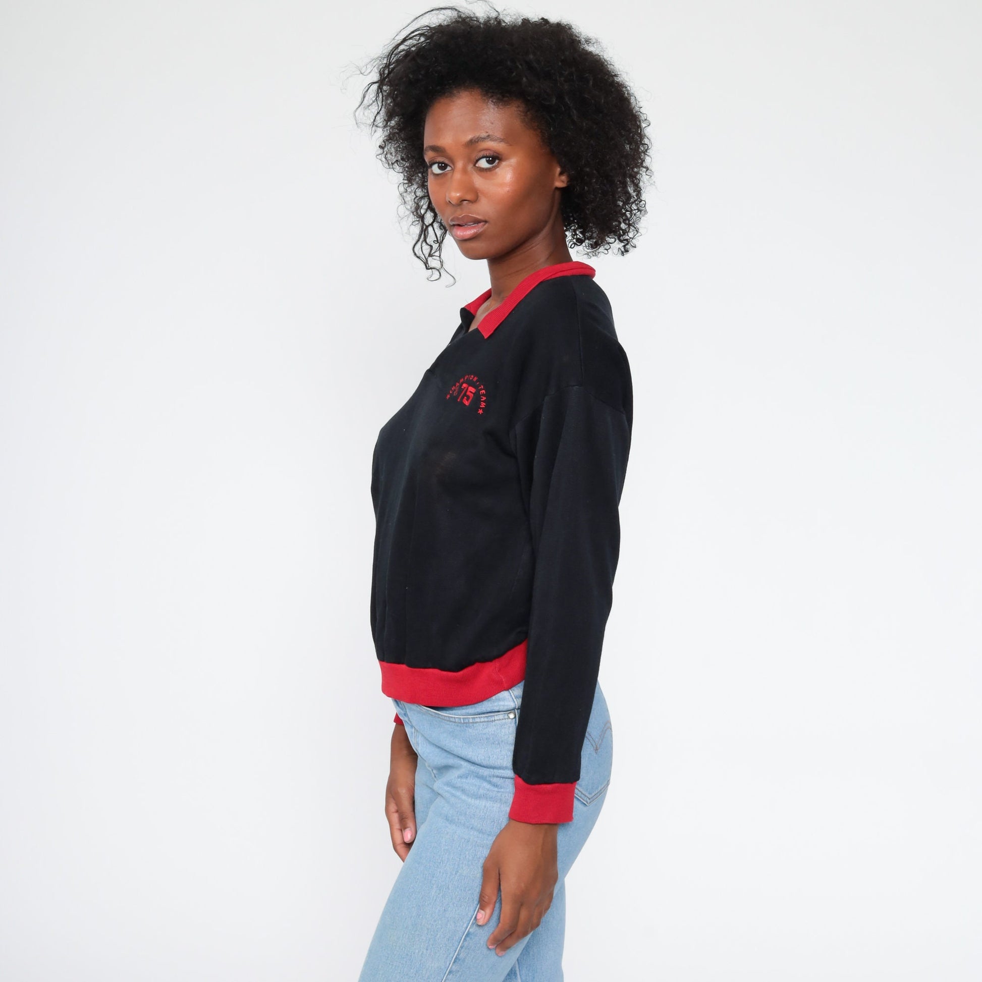 80s Champion Team 75 Black Half-Button Sweatshirt Small Medium