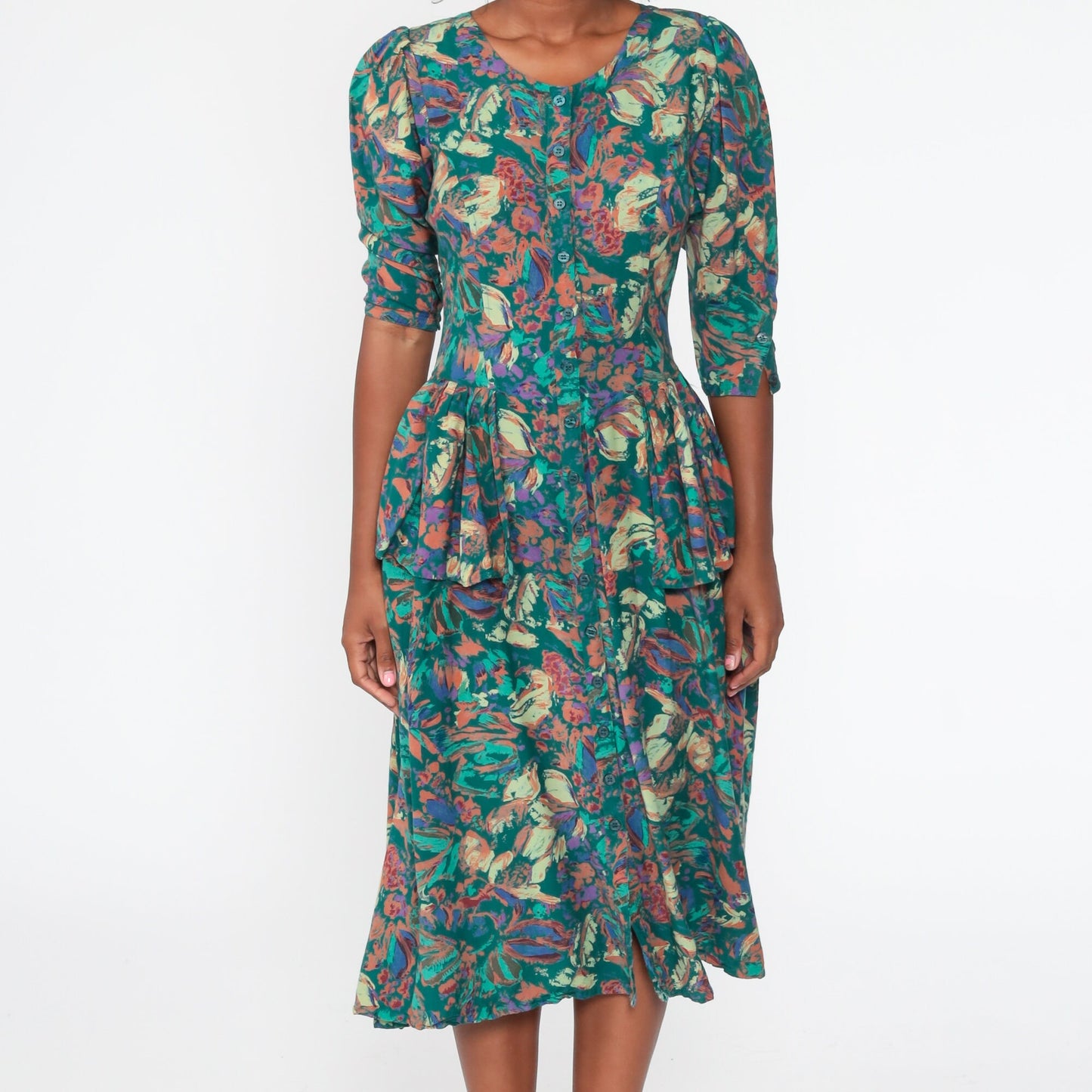 90s Green Floral Peplum Dress Button-Up 3/4 Puff Sleeve Midi Small