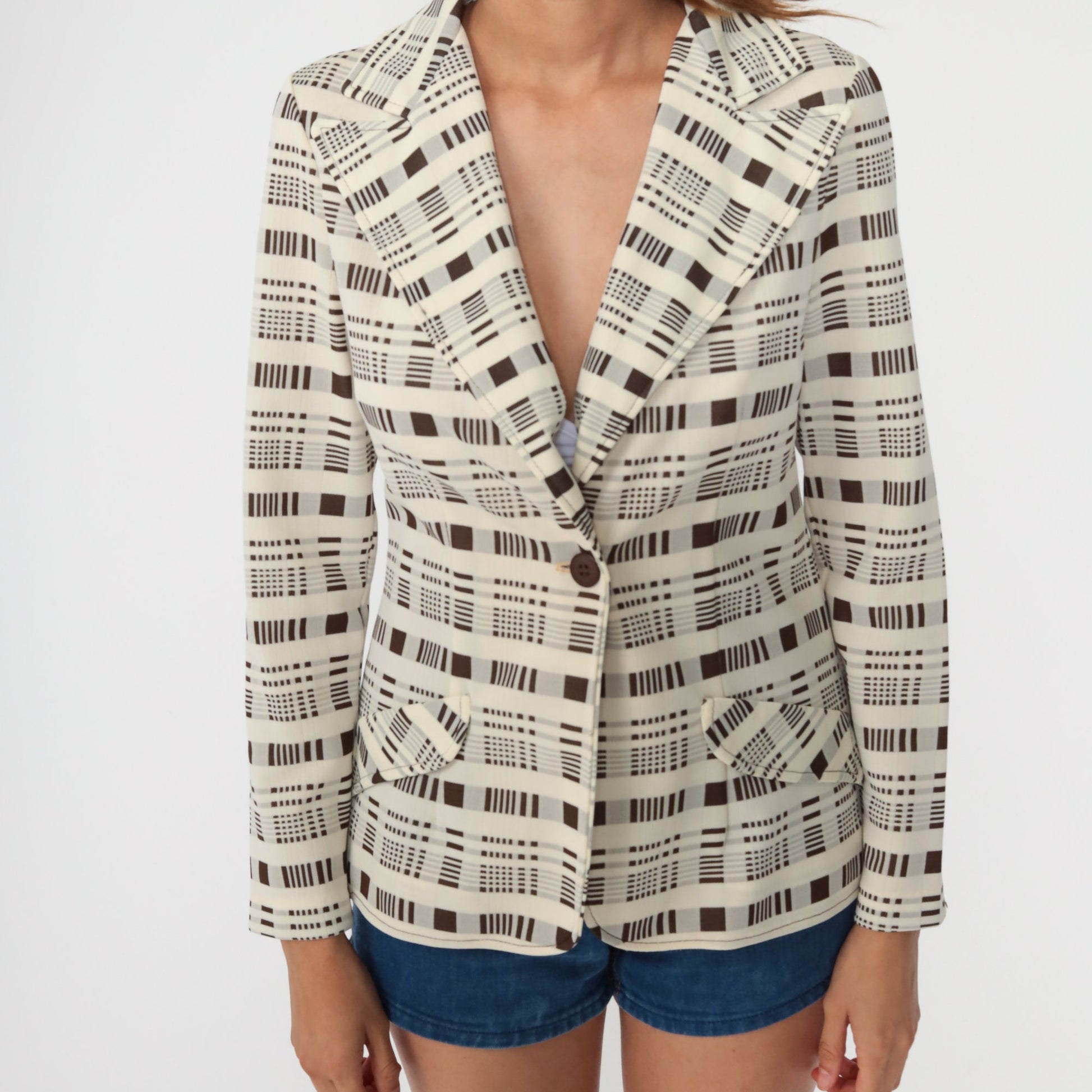 70s Jonathan Logan Cream Brown Plaid Blazer Jacket Extra Small XS