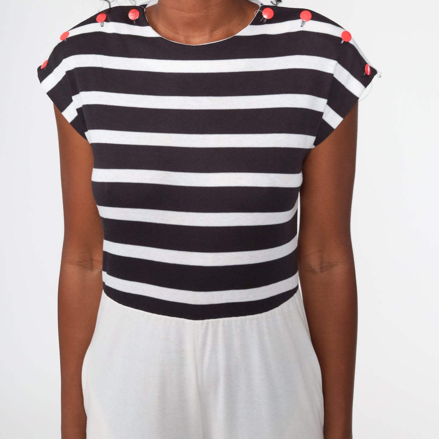 80s White Nautical Striped Jumpsuit Cap Sleeve Tapered Legs Small
