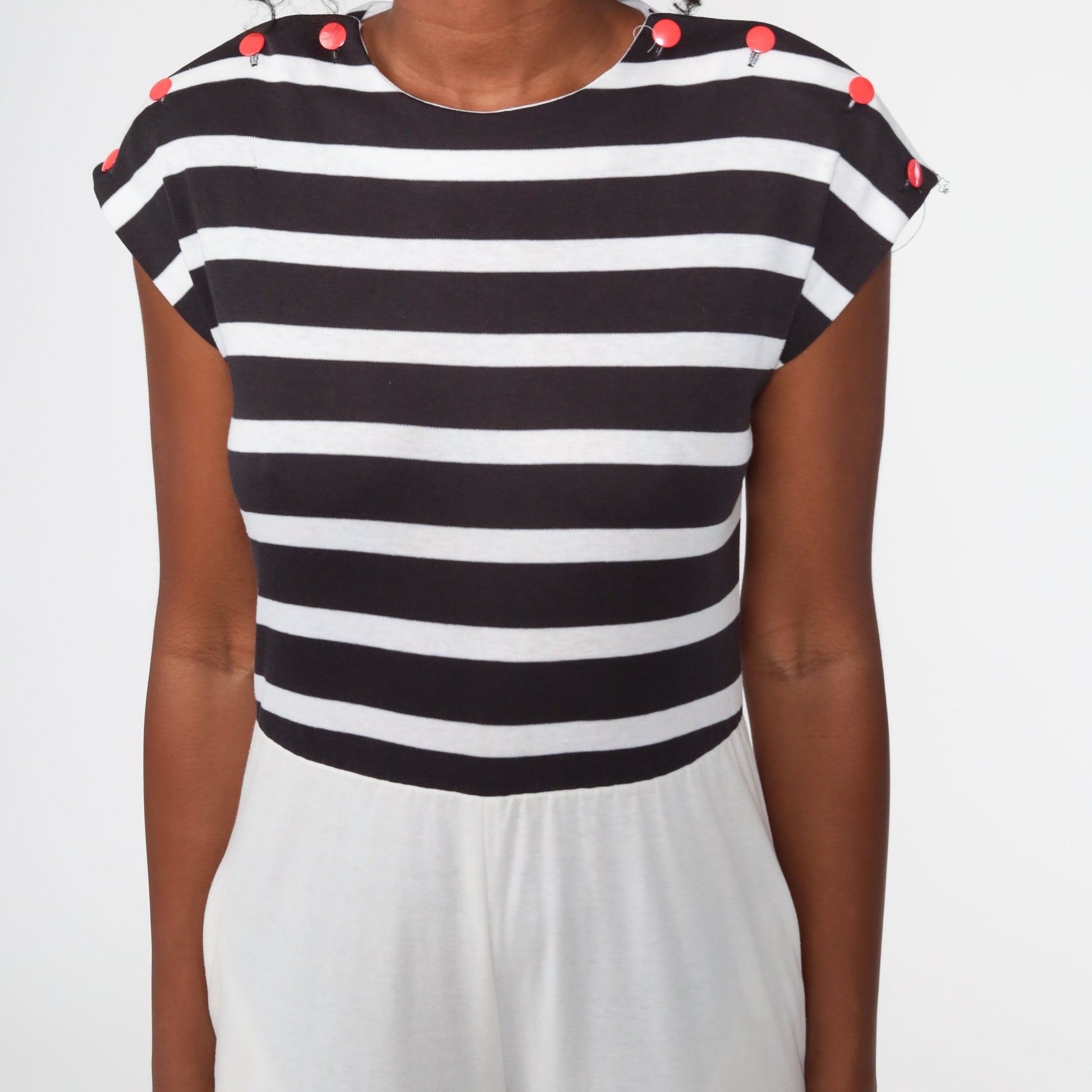 80s White Nautical Striped Jumpsuit Cap Sleeve Tapered Legs Small