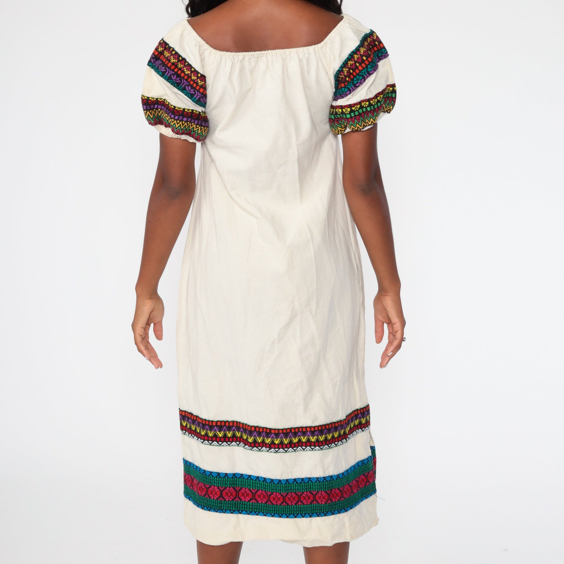 70s Floral Embroidered Peasant Dress Cream Puff Sleeve Midi Extra Small