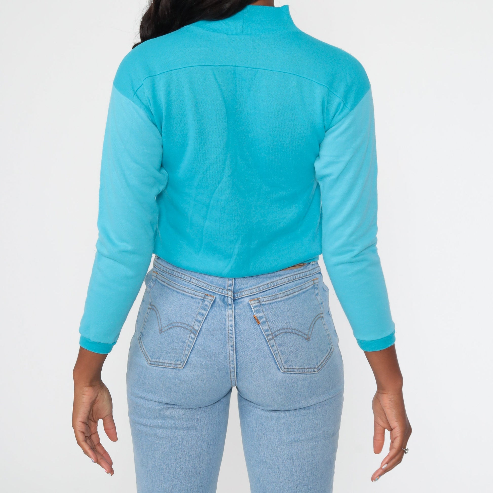 80s Turquoise Mock Neck Sweatshirt Acrylic Long Sleeve Extra Small XS