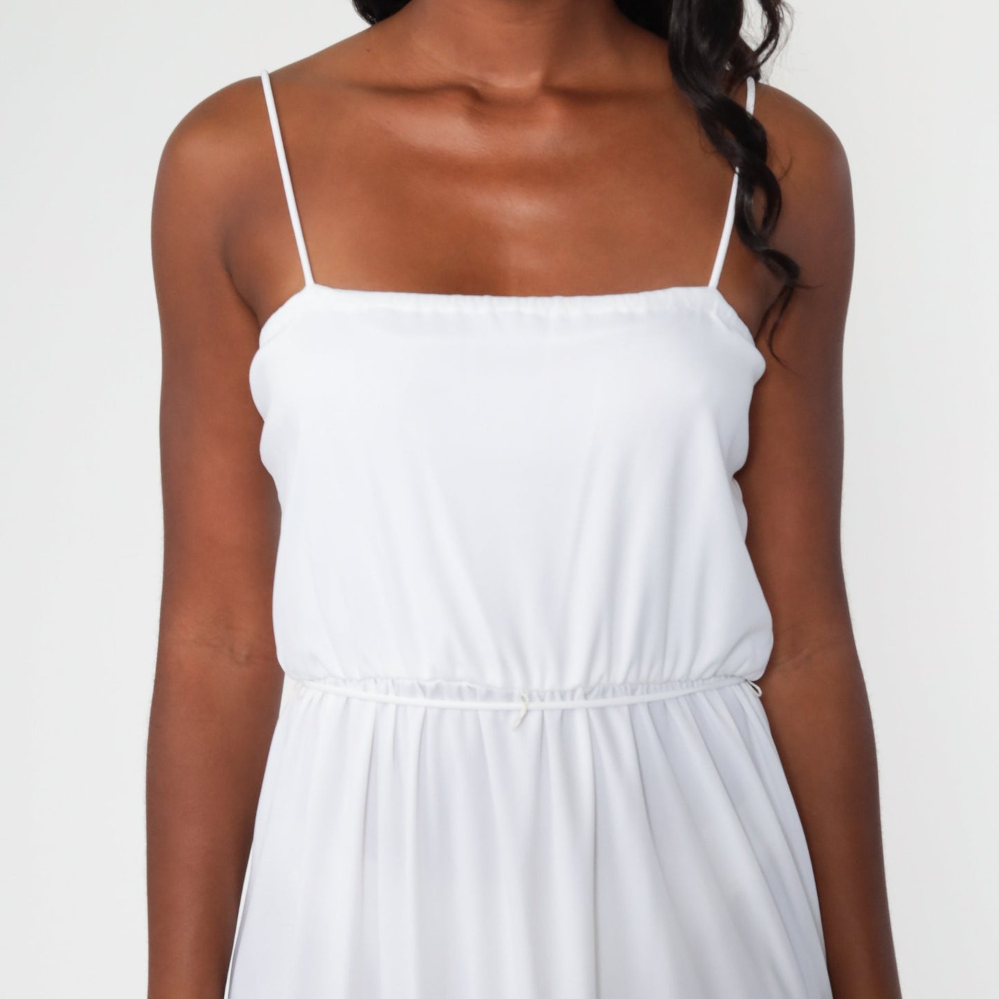 70s White Maxi Dress Spaghetti Strap High Waist Side Slit Small