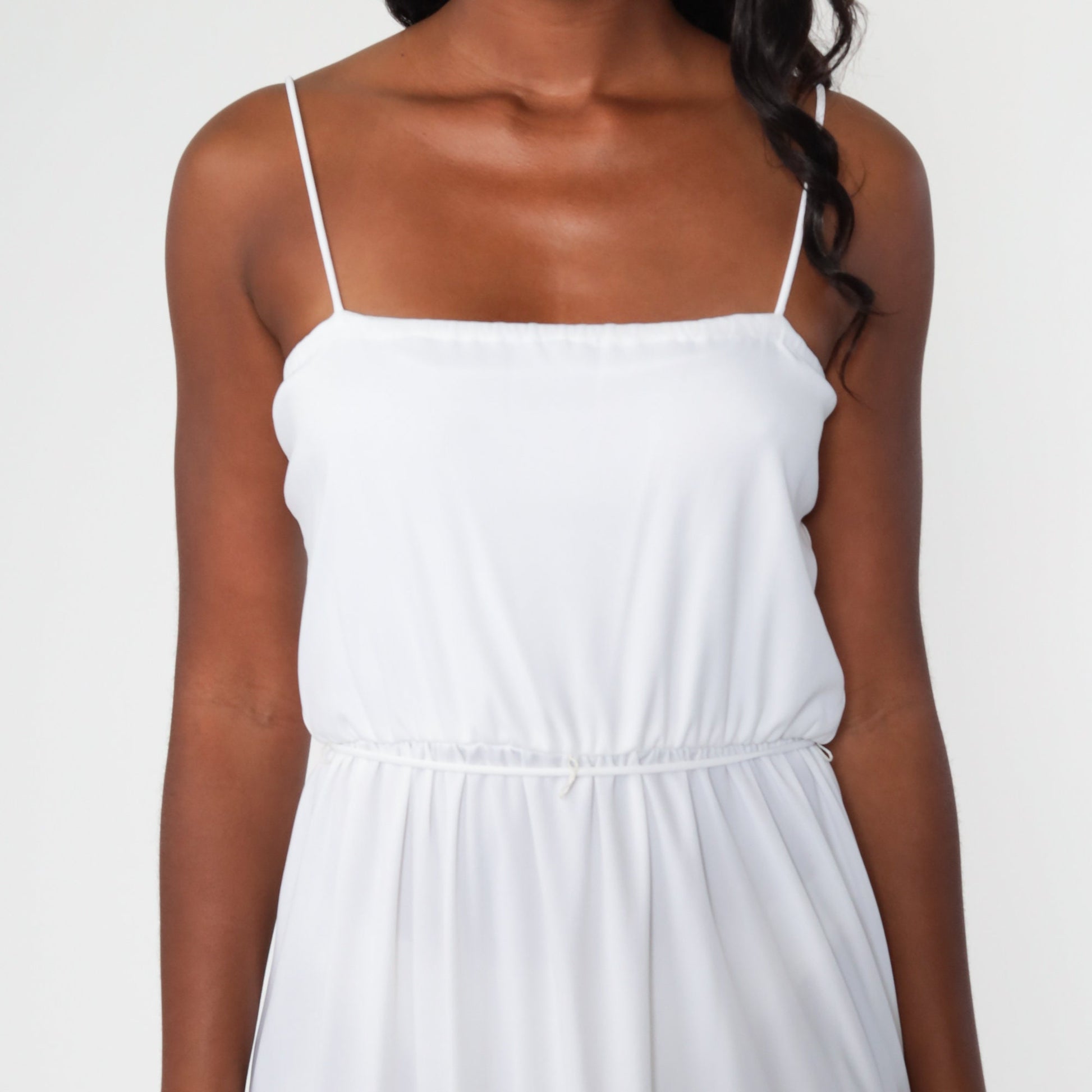 70s White Maxi Dress Spaghetti Strap High Waist Side Slit Small