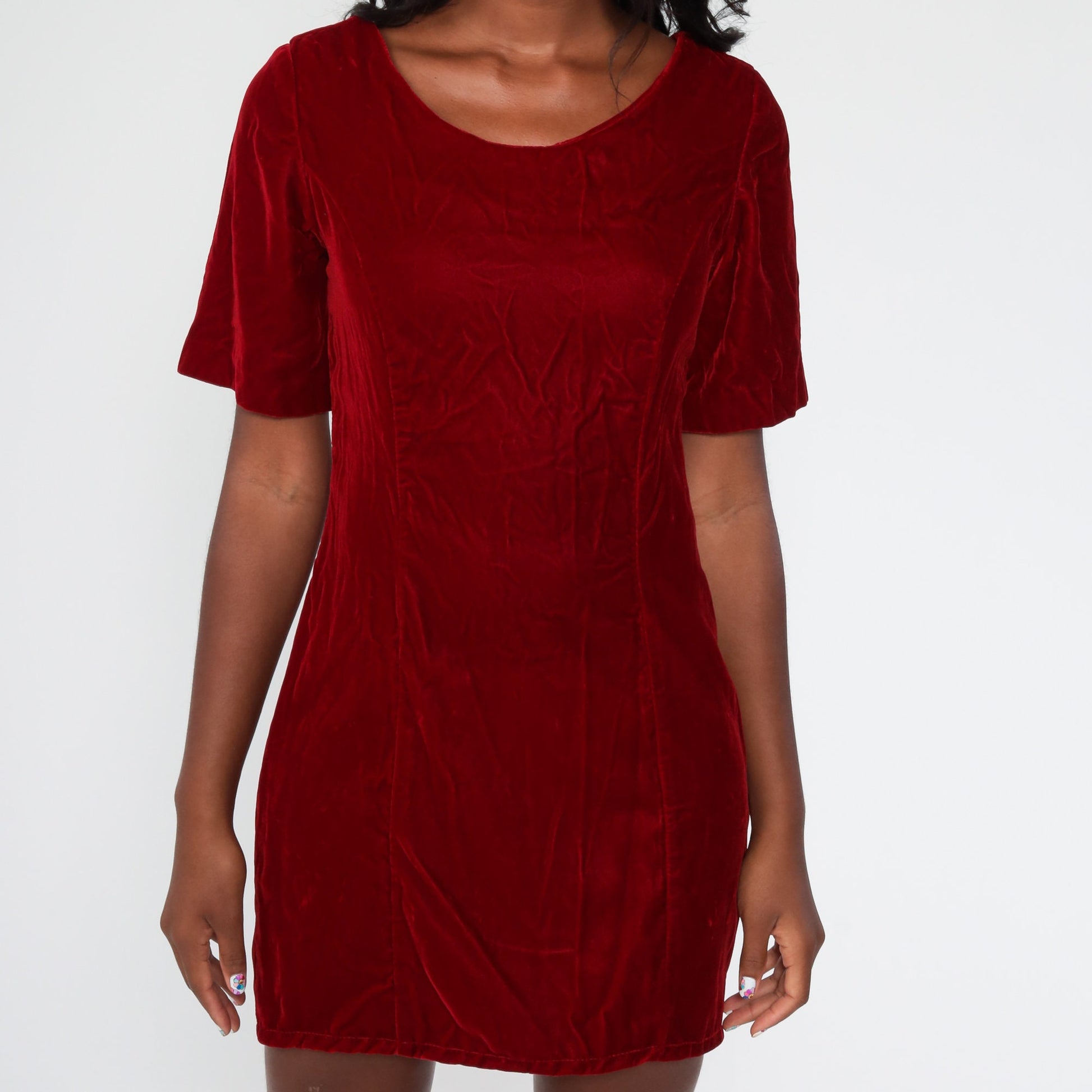 70s Red Velvet Mini Shift Dress Short Sleeve Mod Party Small Medium