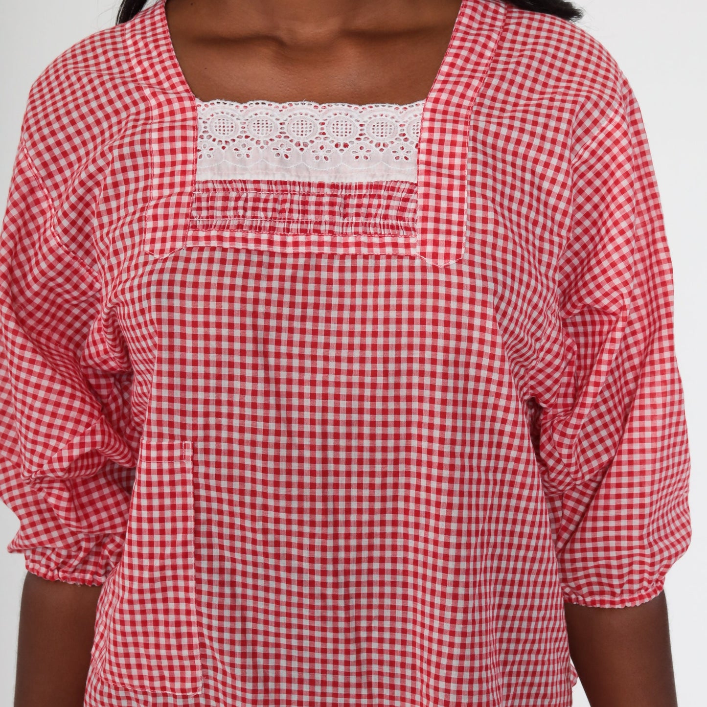 70s Red Gingham Peasant Blouse Open Back Balloon Sleeve Medium Large