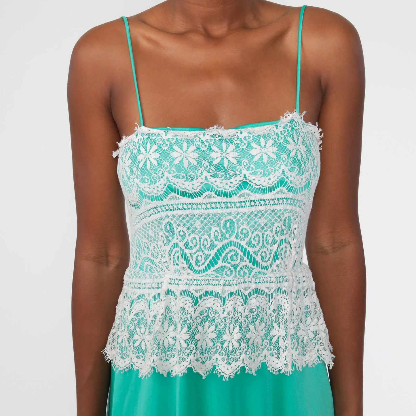 70s Green Lace Maxi Dress Spaghetti Strap Low Waist Extra Small