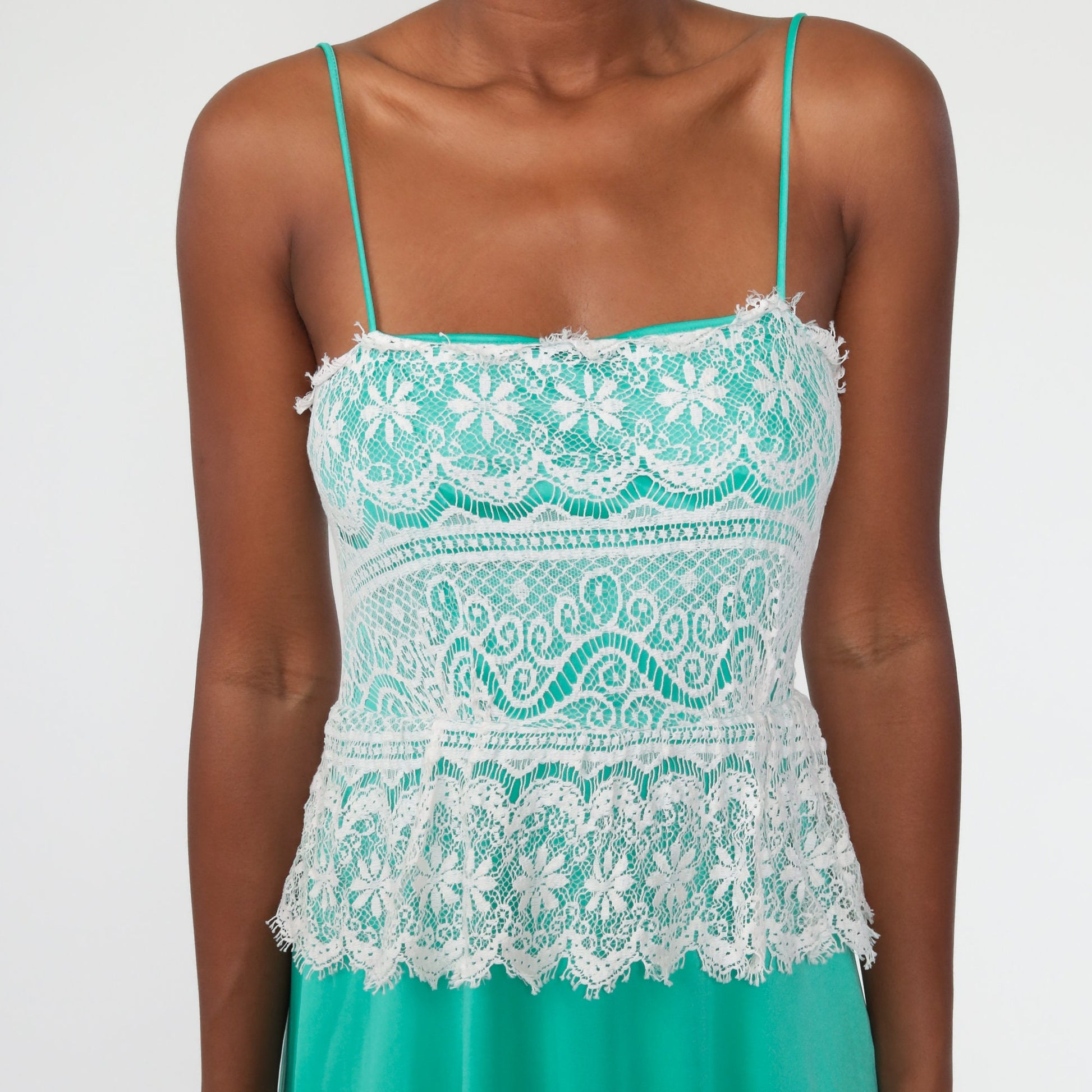 70s Green Lace Maxi Dress Spaghetti Strap Low Waist Extra Small