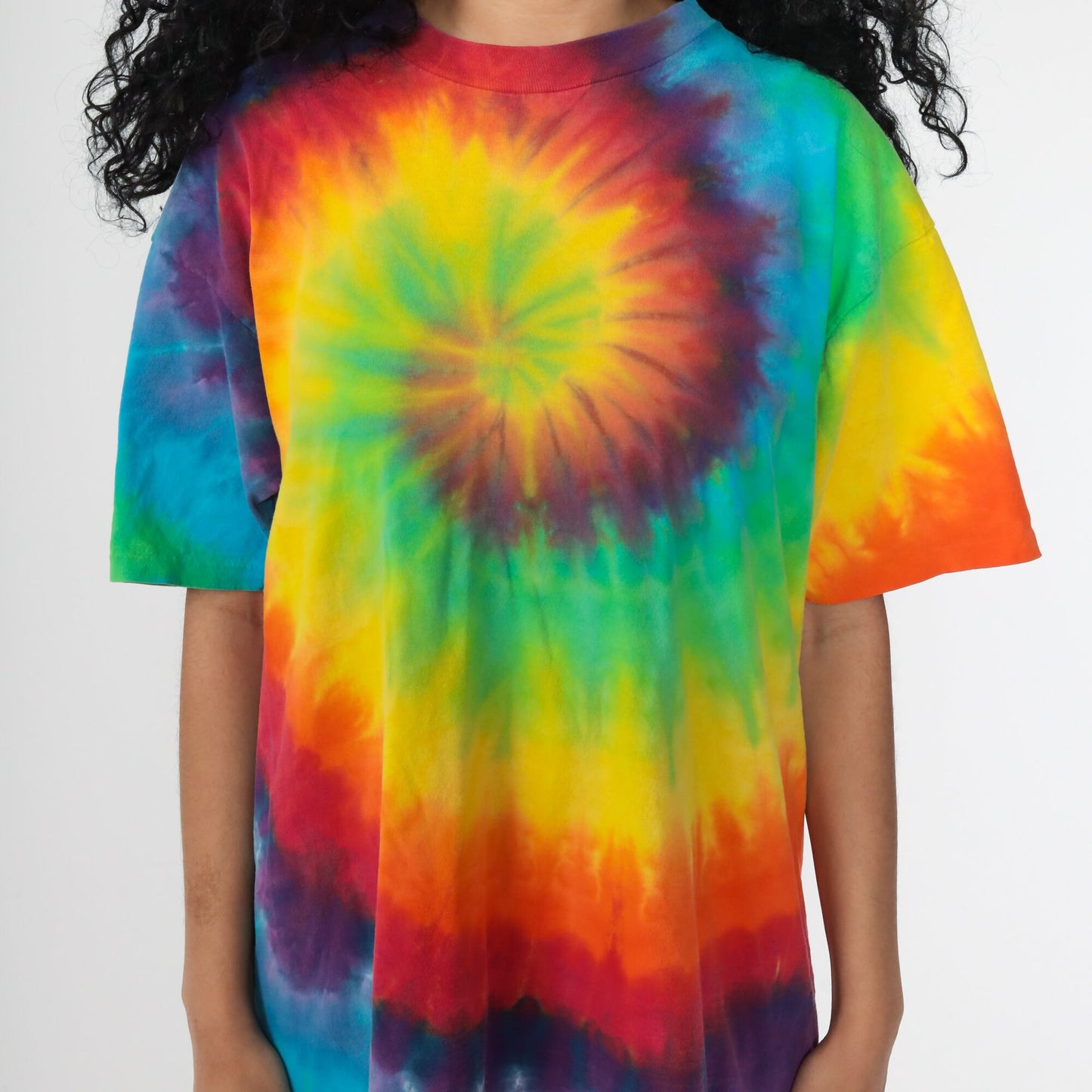 90s Tie Dye T-Shirt Yellow Green Blue Swirl Print Graphic Tee Large